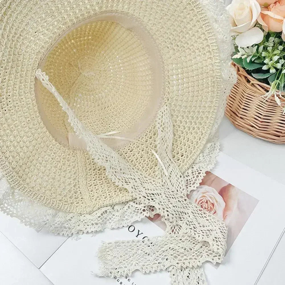 Summer Women's Lace Straw Beach Hat Foldable Sun Hat with Wide Brim Fresh Stylish Sunblock Shade Hat Perfect for Travel Holiday