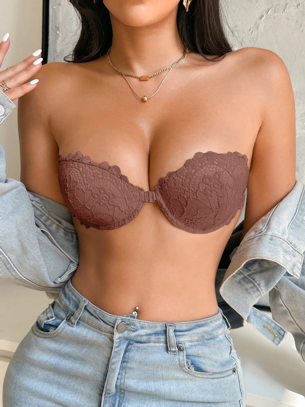 3Pcs Women Half Cup Lace Strapless Bra Adjustable Non-slip Off Shoulder Underwire Support Front Buckle Push Up