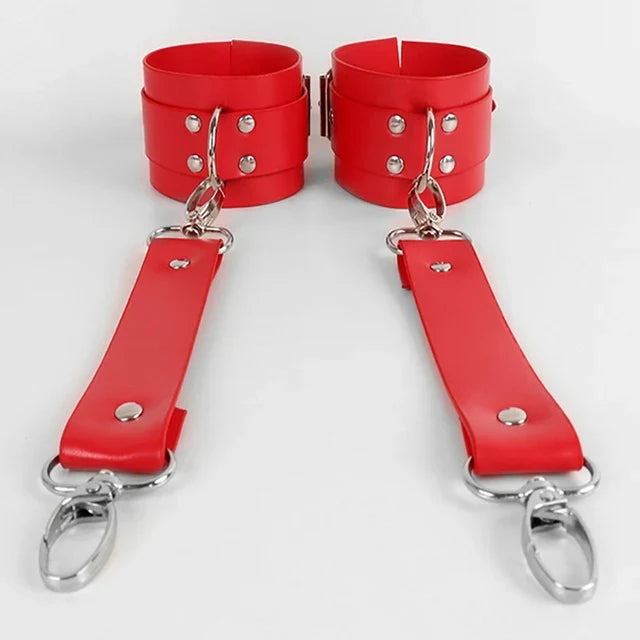 Erotic Adult PU Leather Harness Lingerie Bondage Adjustable Handcuffs Ankle Cuffs Open Leg Restraint