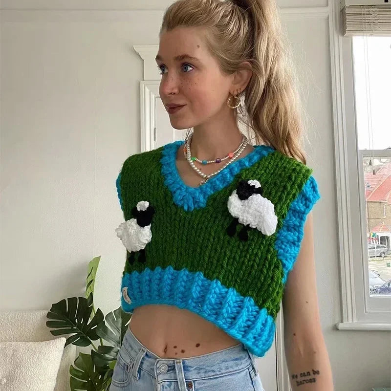 Sheep Knitted Sweater Vest Vintage Animal  Blue Cropped Sweater