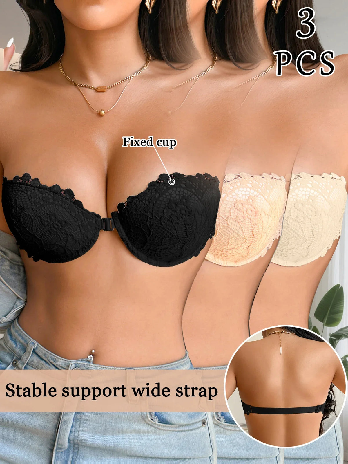 3Pcs Women Half Cup Lace Strapless Bra Adjustable Non-slip Off Shoulder Underwire Support Front Buckle Push Up