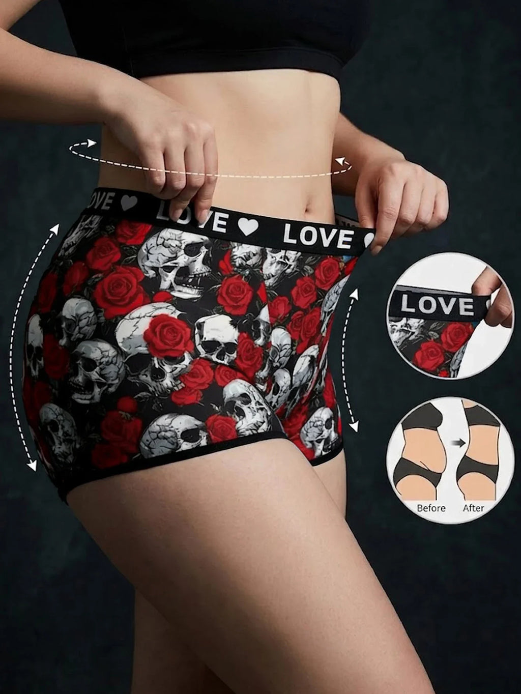 Women Seamless Panties High-waisted Boy shorts Gothic Skull Soft Breathable Stretch Underwear