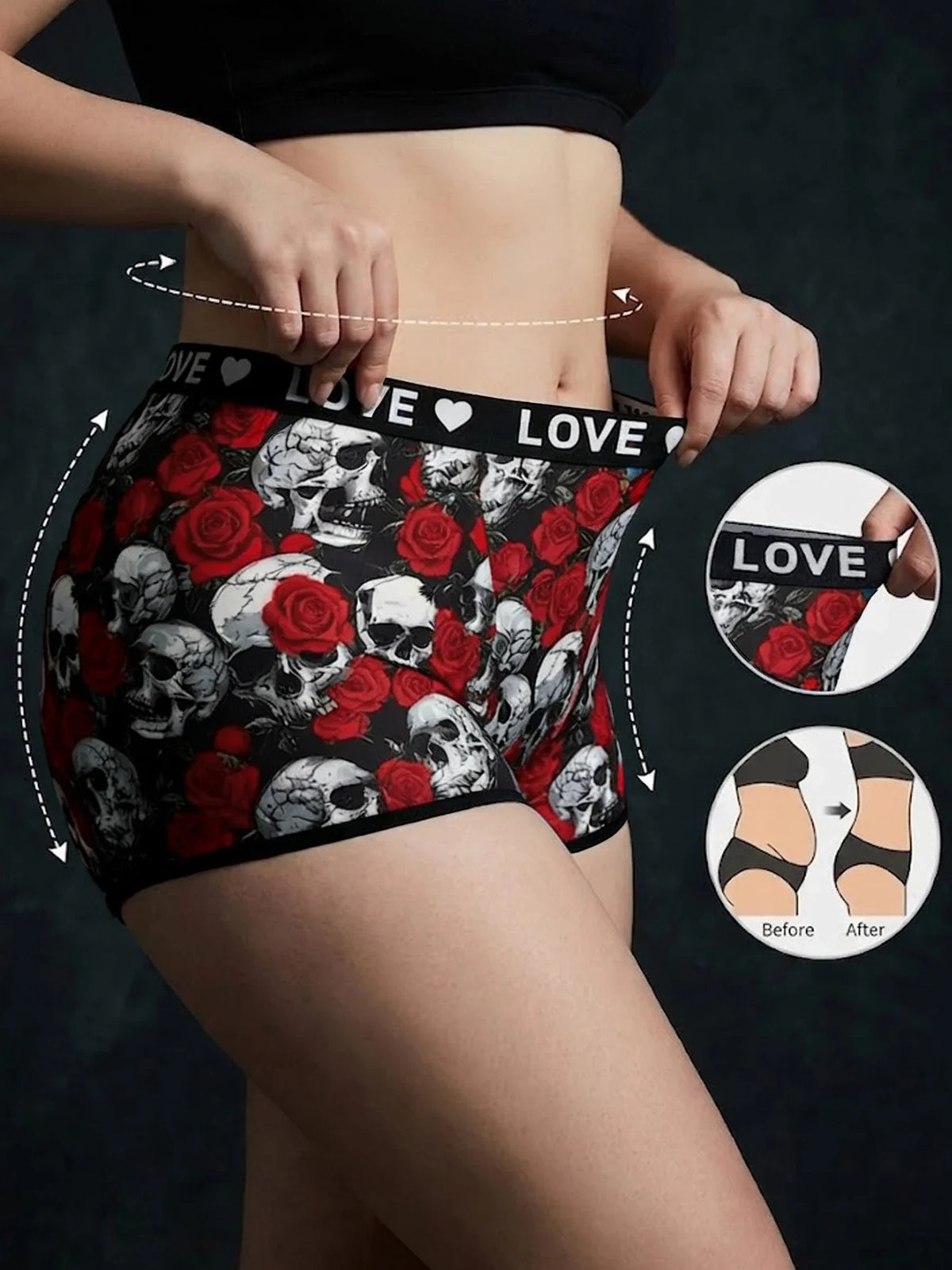 Women Seamless Panties High-waisted Boy shorts Gothic Skull Soft Breathable Stretch Underwear