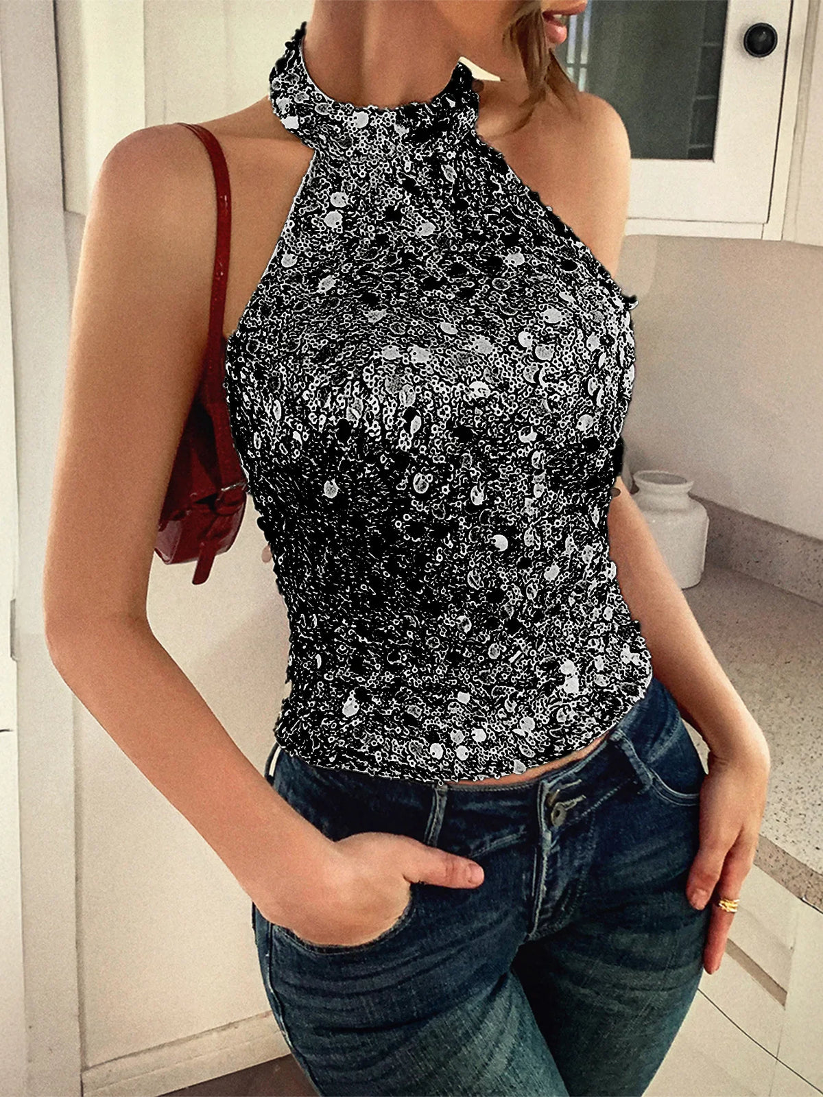 Elegant Temperament Neck Sequin Camisole Women T-shirt Sexy Sleeveless Tank Top