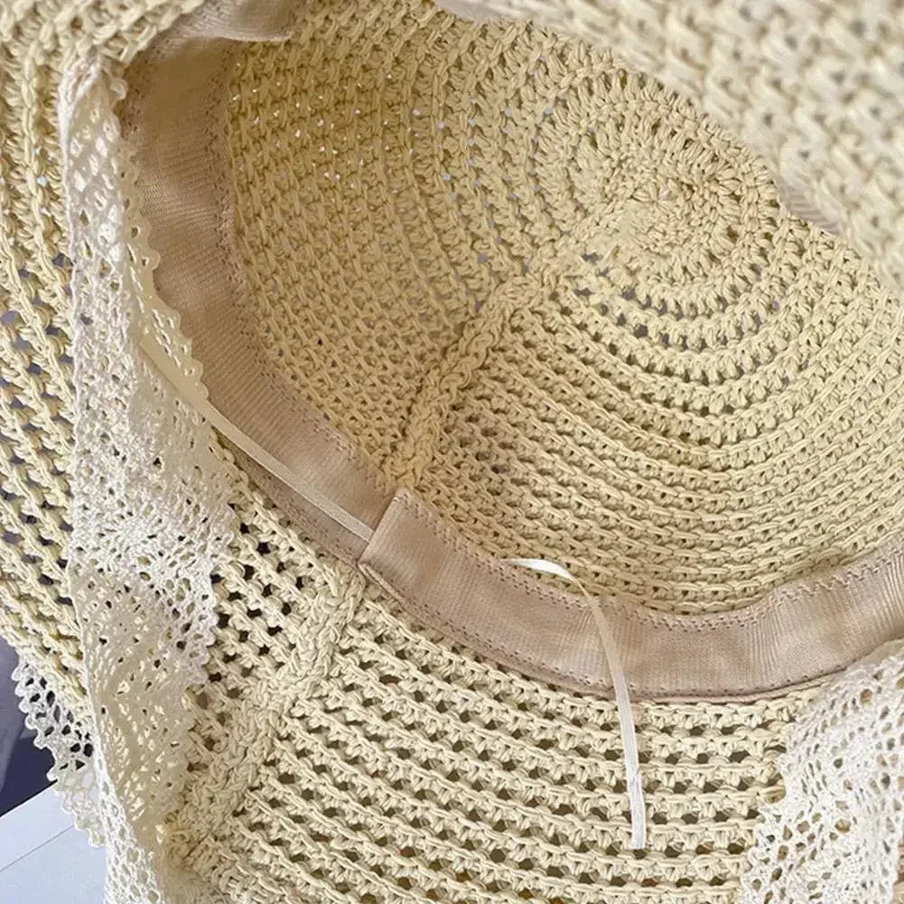 Summer Women's Lace Straw Beach Hat Foldable Sun Hat with Wide Brim Fresh Stylish Sunblock Shade Hat Perfect for Travel Holiday
