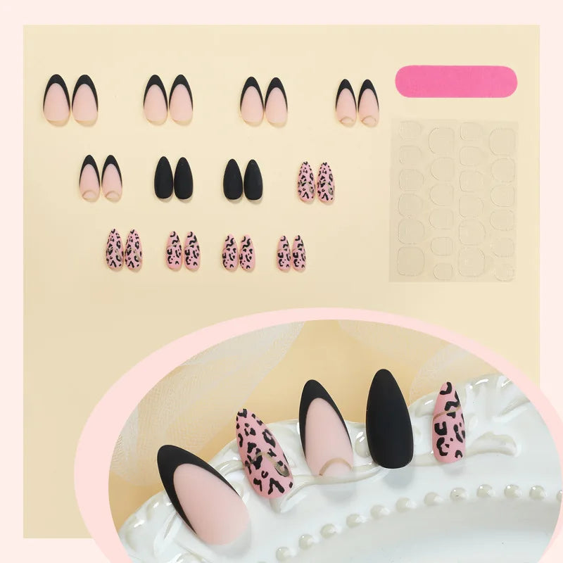 Black Cool Fake Nails Bat Press on Nails Almond Decorated Nail Tips Rivet Bow False Nails 24pcs Reusable Acrylic Nails