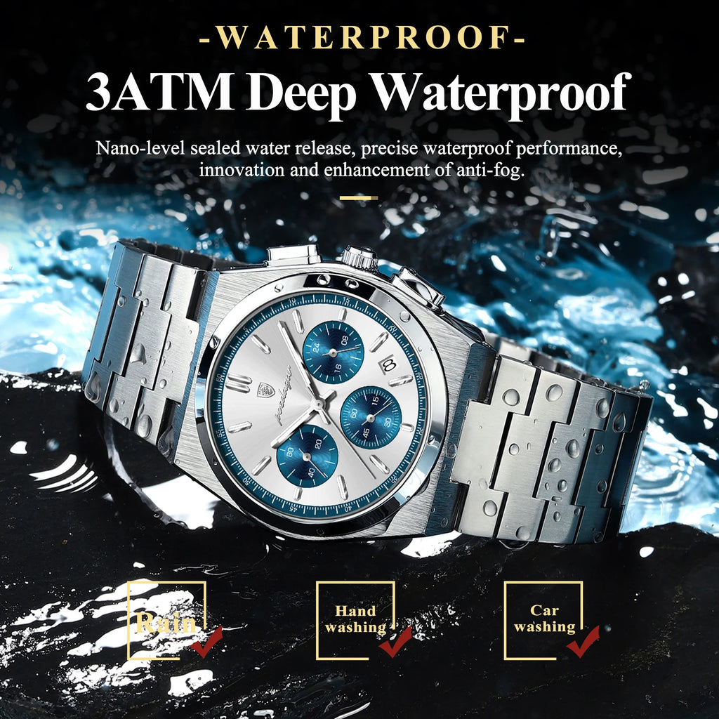 POEDAGAR Luxury Man Watch Chronograph Date Stainless Steel Sport Men Wristwatch Waterproof Luminous Fashion Quartz Men's Watches