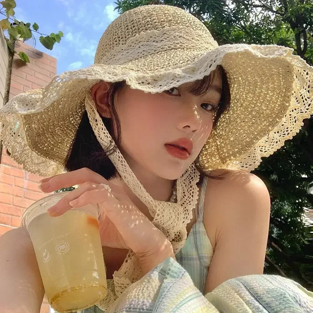 Summer Women's Lace Straw Beach Hat Foldable Sun Hat with Wide Brim Fresh Stylish Sunblock Shade Hat Perfect for Travel Holiday