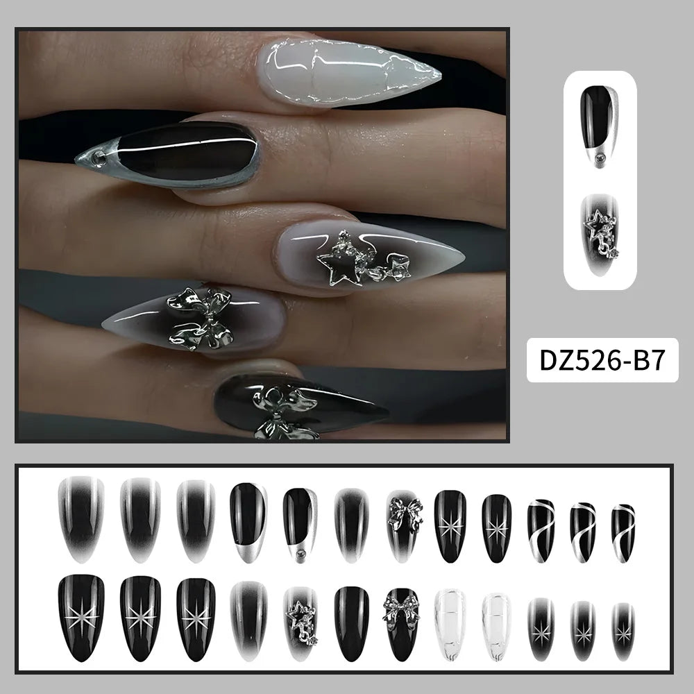 Black Cool Fake Nails Bat Press on Nails Almond Decorated Nail Tips Rivet Bow False Nails 24pcs Reusable Acrylic Nails