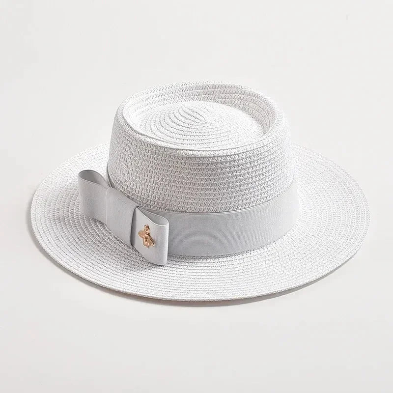 NEW Spring Summer Straw Hats for Women Round Bumpy Surface Flat Top Bowknot Dress Cap Travel Beach Sun Hat Gorra