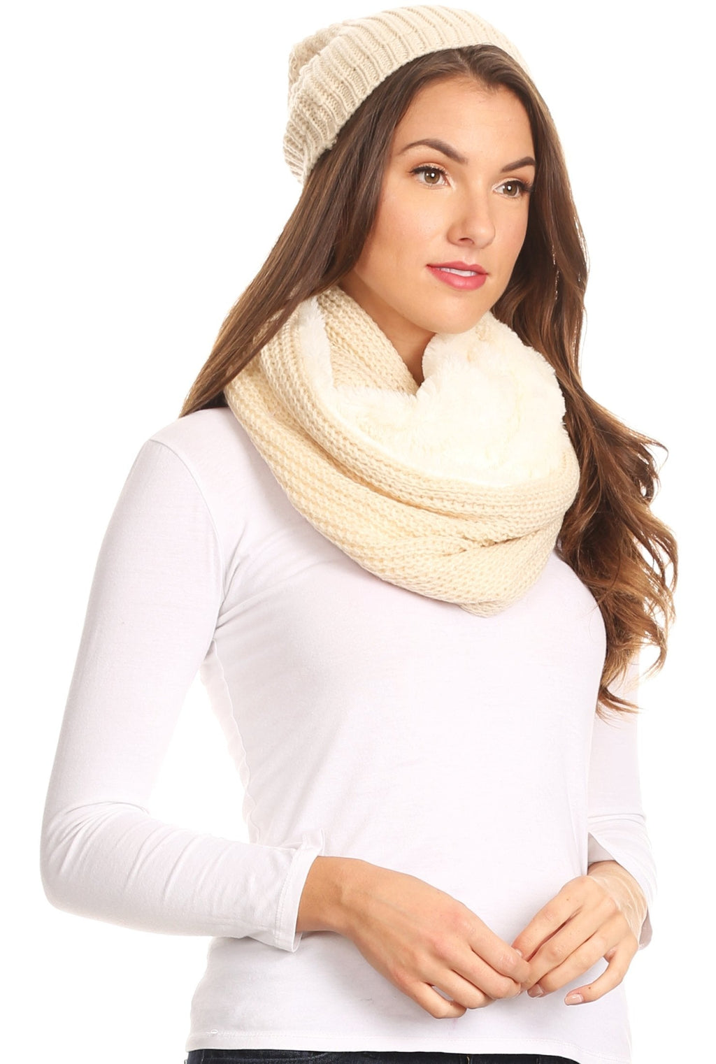 Sakkas Balencia Faux Fur Lined Knit Infinity Scarf & Beanie Hat Set