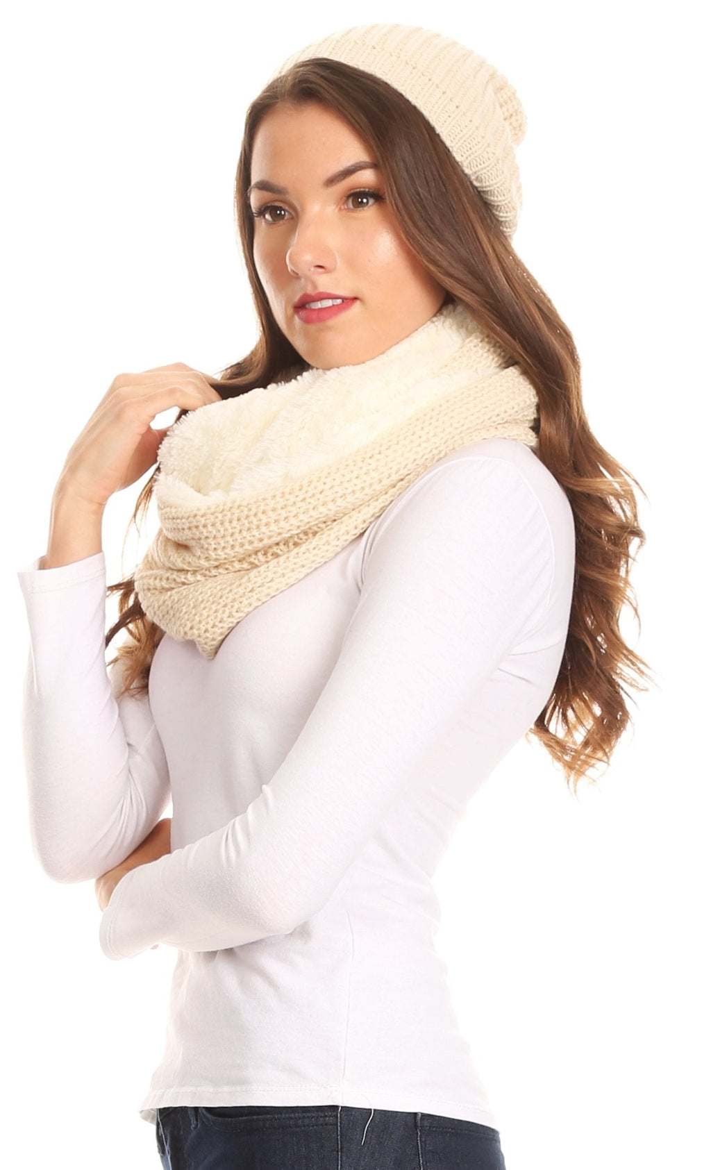 Sakkas Balencia Faux Fur Lined Knit Infinity Scarf & Beanie Hat Set
