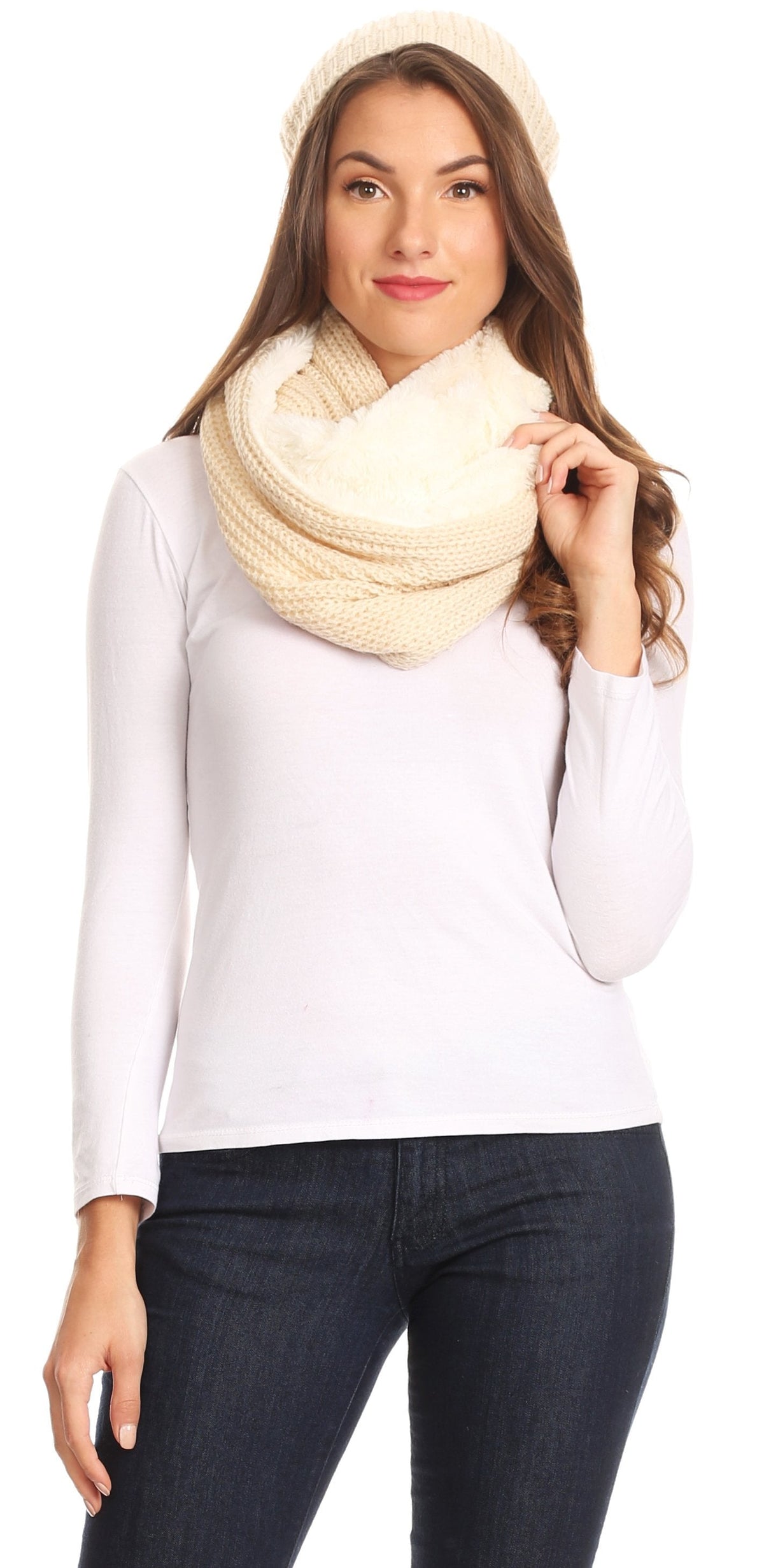 Sakkas Balencia Faux Fur Lined Knit Infinity Scarf & Beanie Hat Set