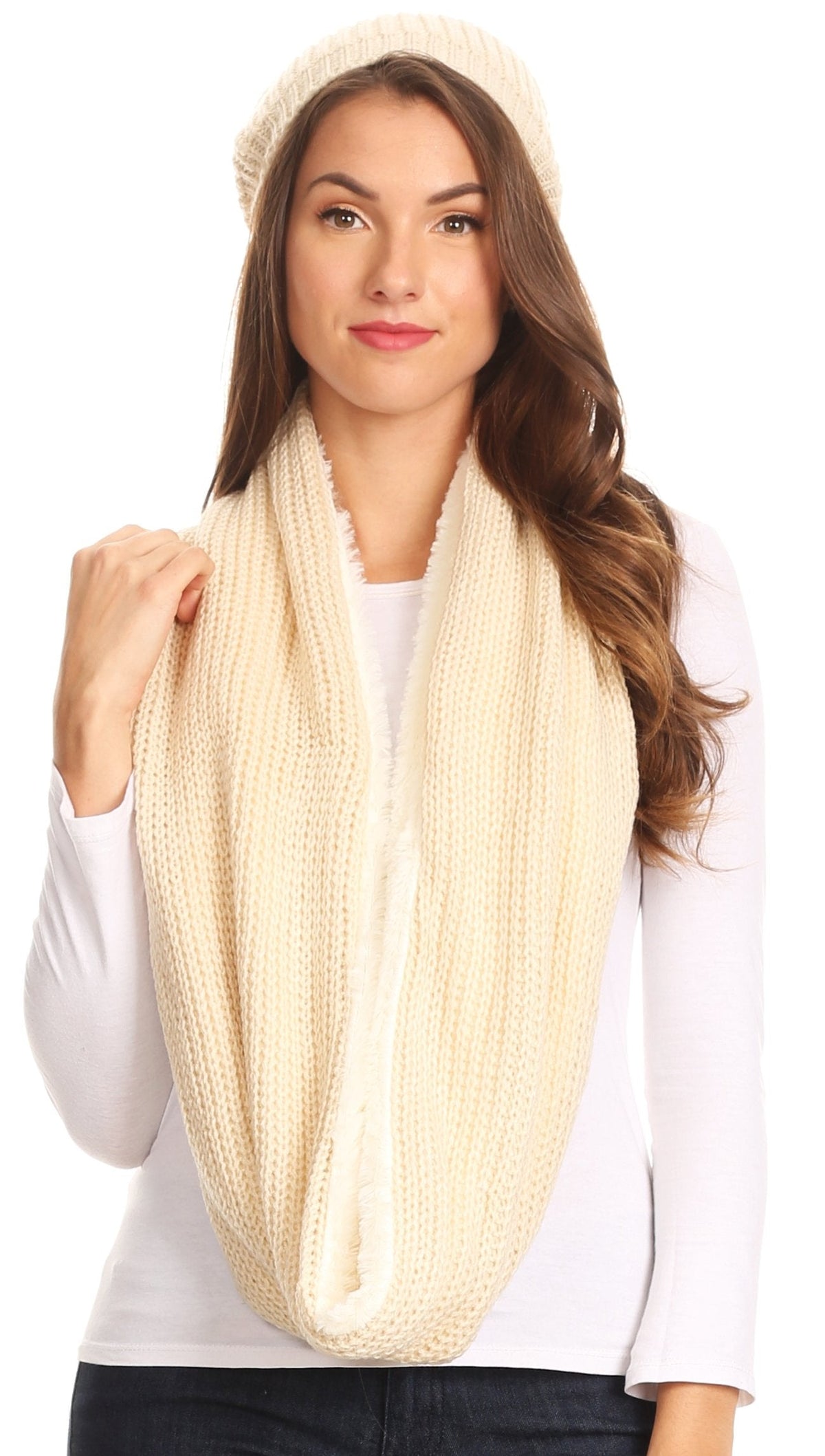 Sakkas Balencia Faux Fur Lined Knit Infinity Scarf & Beanie Hat Set