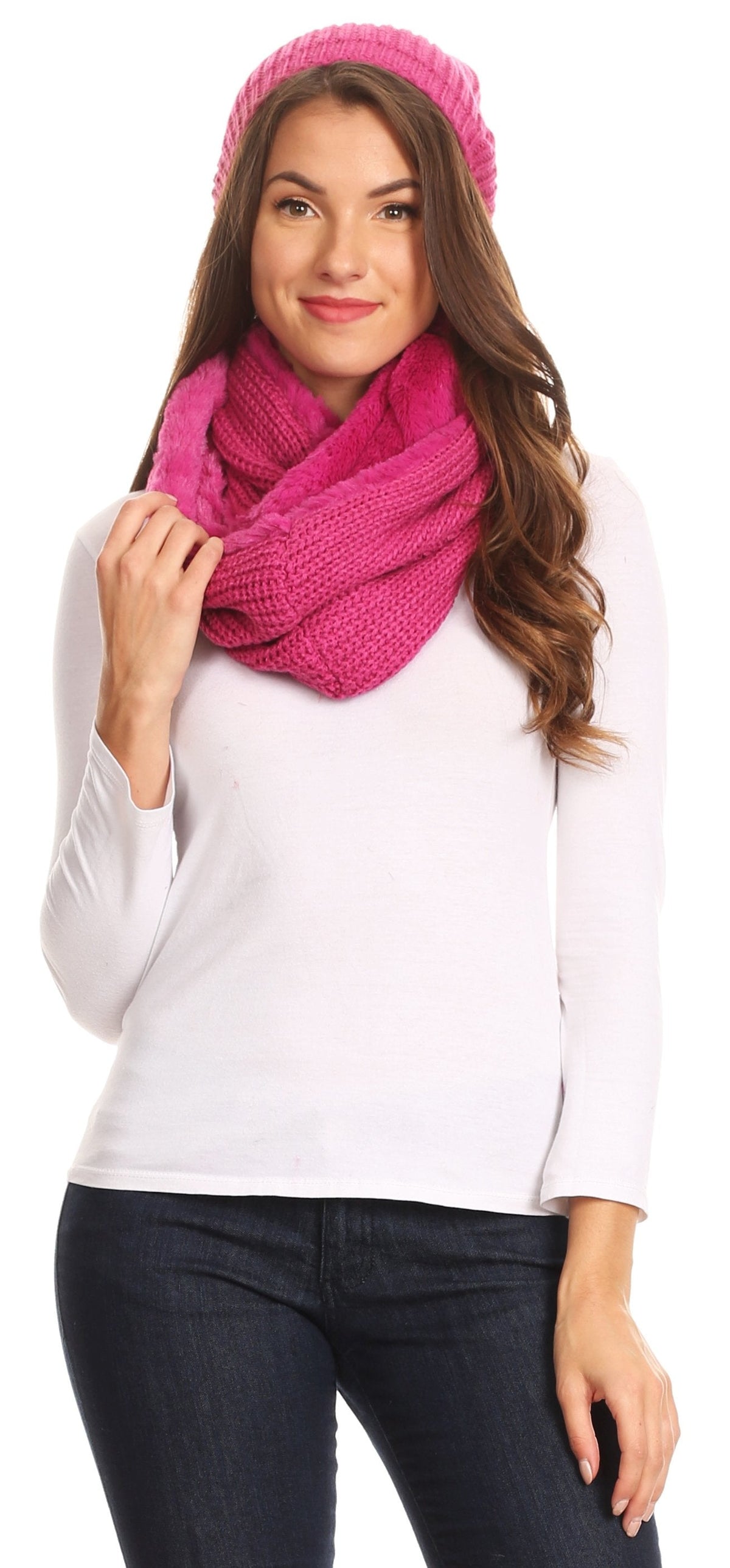 Sakkas Balencia Faux Fur Lined Knit Infinity Scarf & Beanie Hat Set
