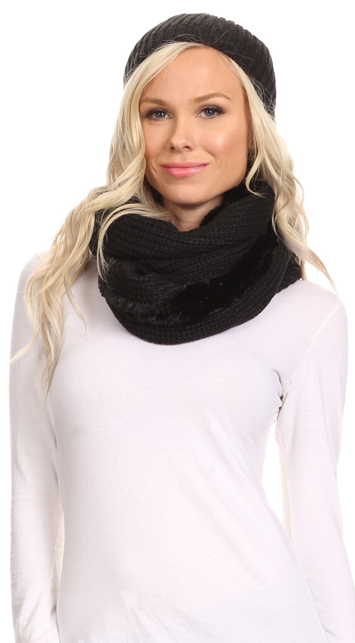 Sakkas Balencia Faux Fur Lined Knit Infinity Scarf & Beanie Hat Set