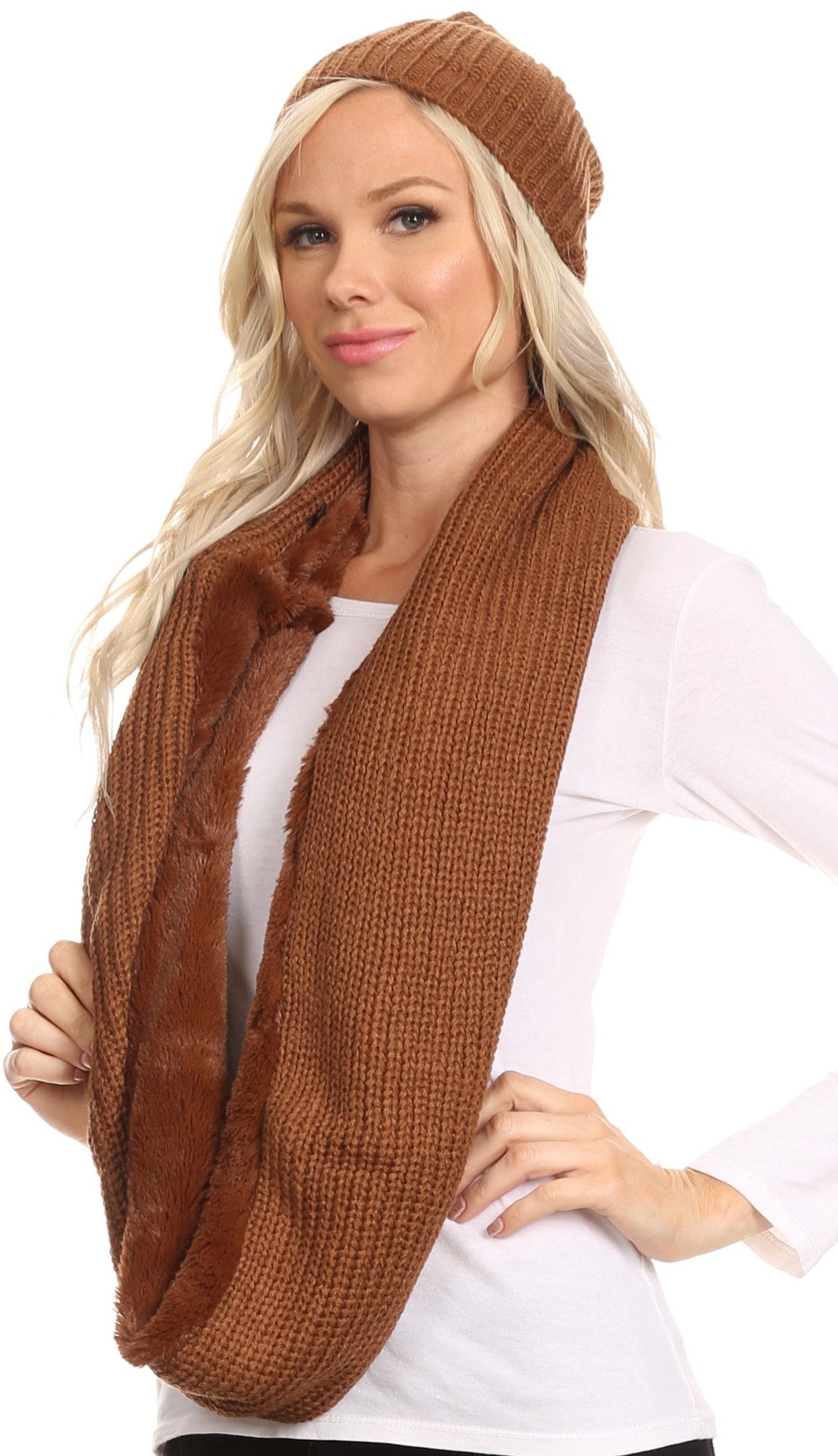 Sakkas Balencia Faux Fur Lined Knit Infinity Scarf & Beanie Hat Set