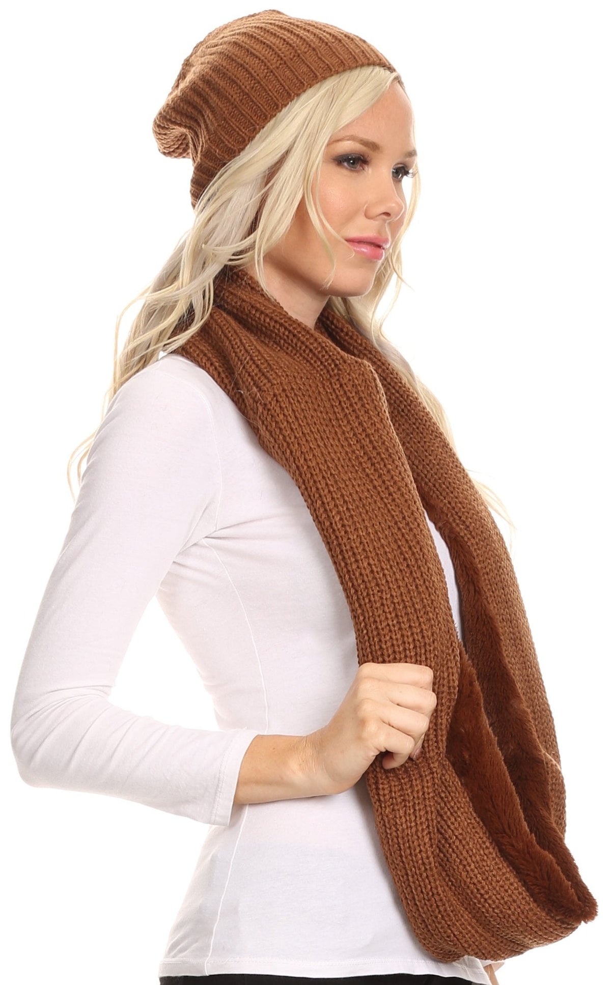 Sakkas Balencia Faux Fur Lined Knit Infinity Scarf & Beanie Hat Set