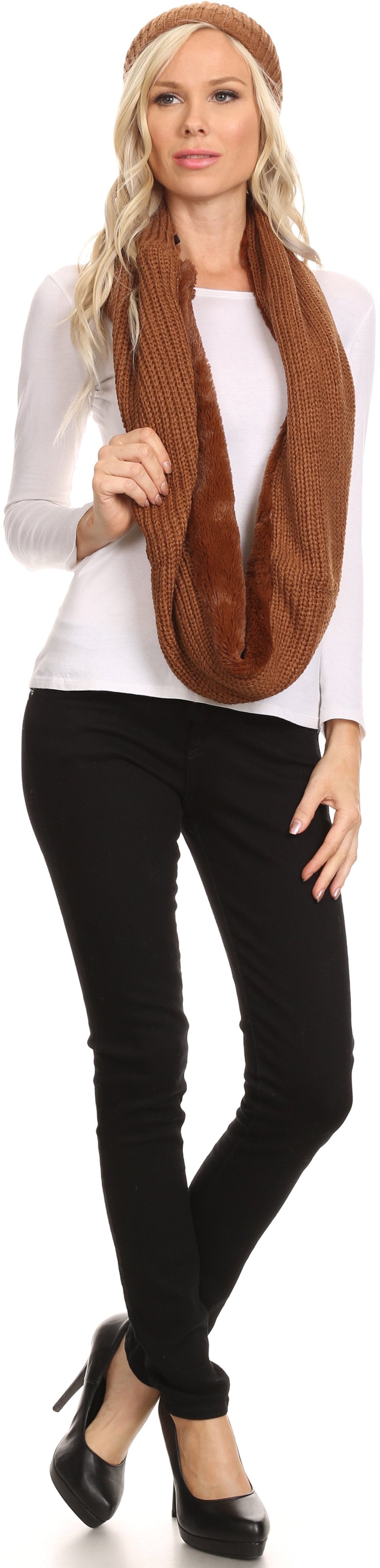 Sakkas Balencia Faux Fur Lined Knit Infinity Scarf & Beanie Hat Set