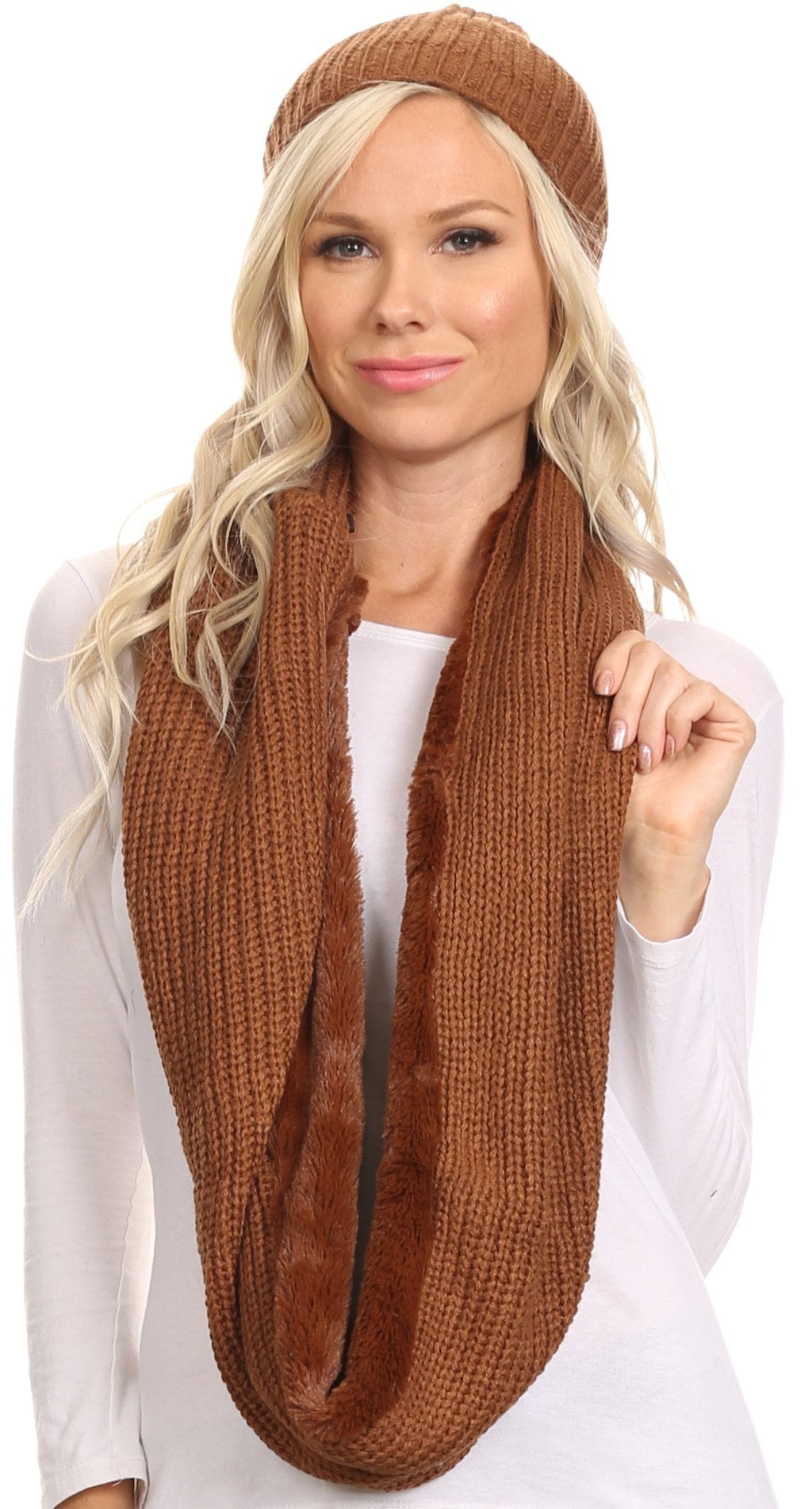 Sakkas Balencia Faux Fur Lined Knit Infinity Scarf & Beanie Hat Set