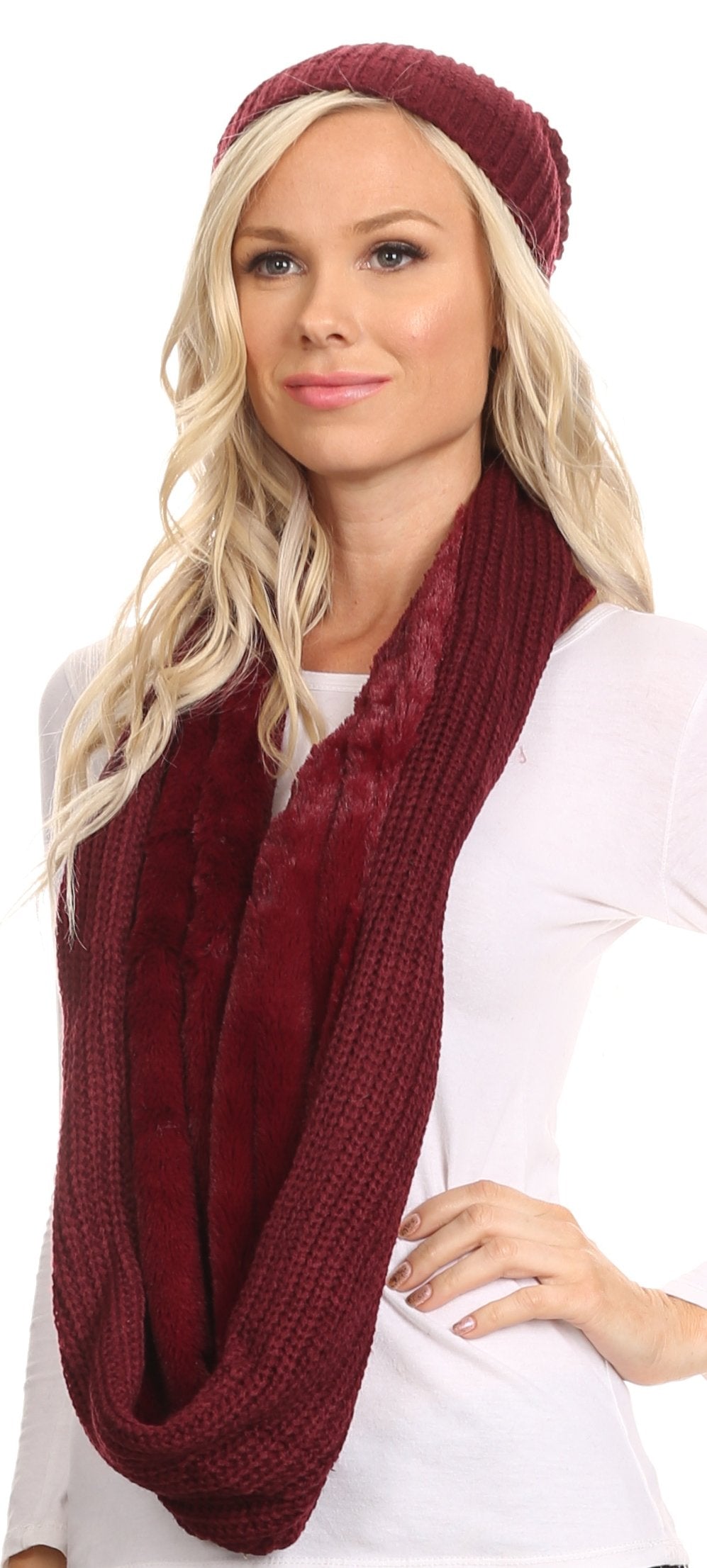 Sakkas Balencia Faux Fur Lined Knit Infinity Scarf & Beanie Hat Set
