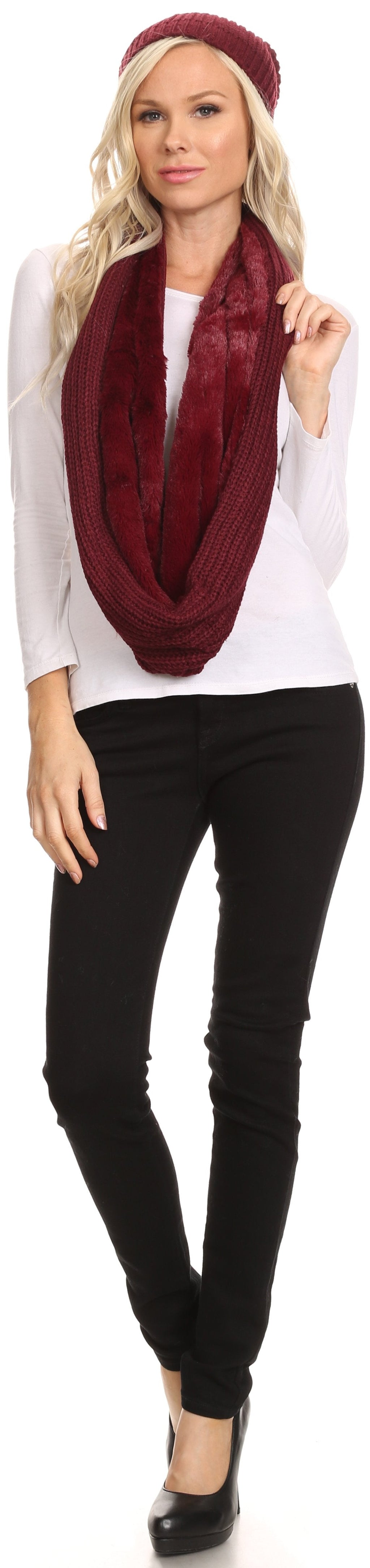 Sakkas Balencia Faux Fur Lined Knit Infinity Scarf & Beanie Hat Set