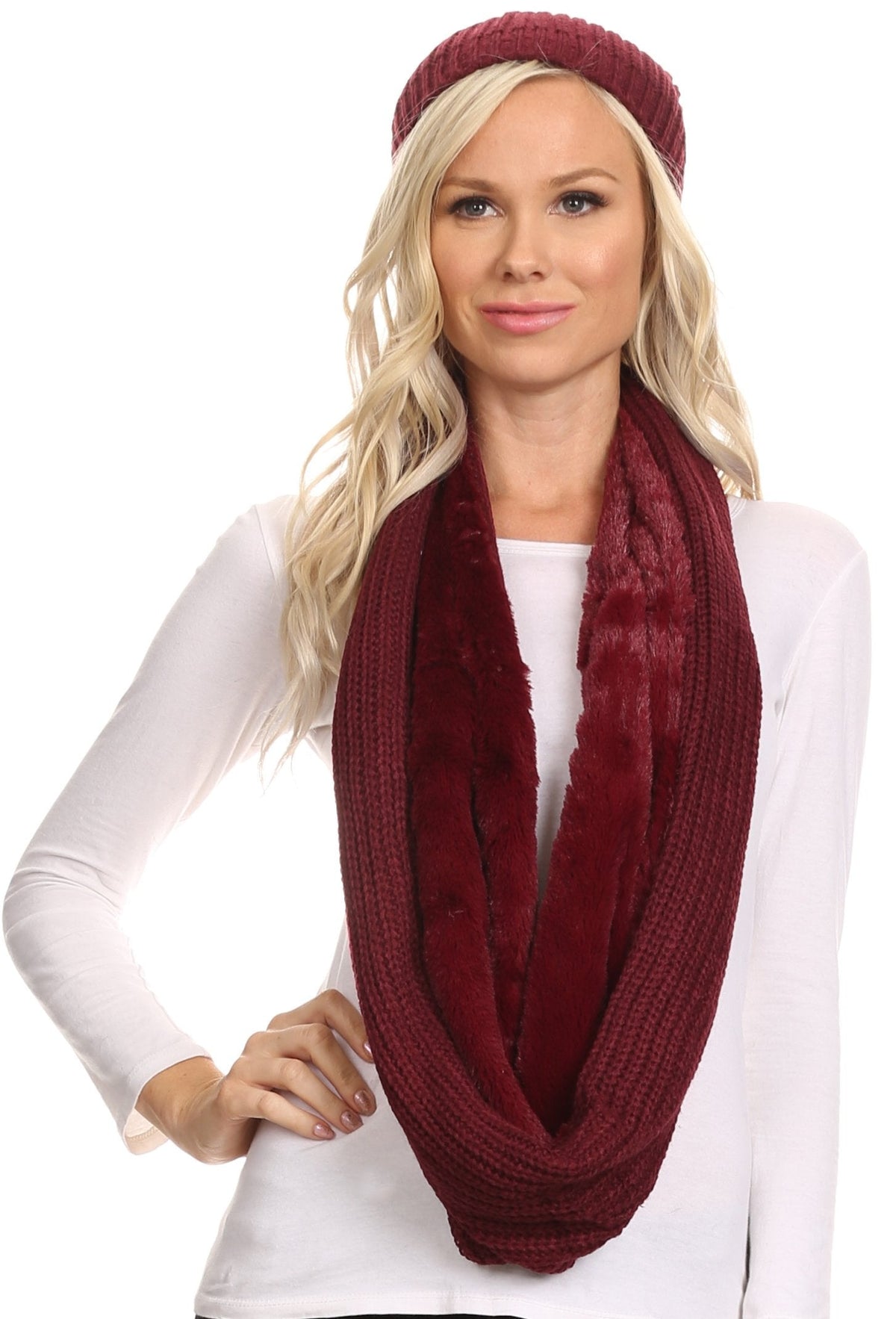 Sakkas Balencia Faux Fur Lined Knit Infinity Scarf & Beanie Hat Set