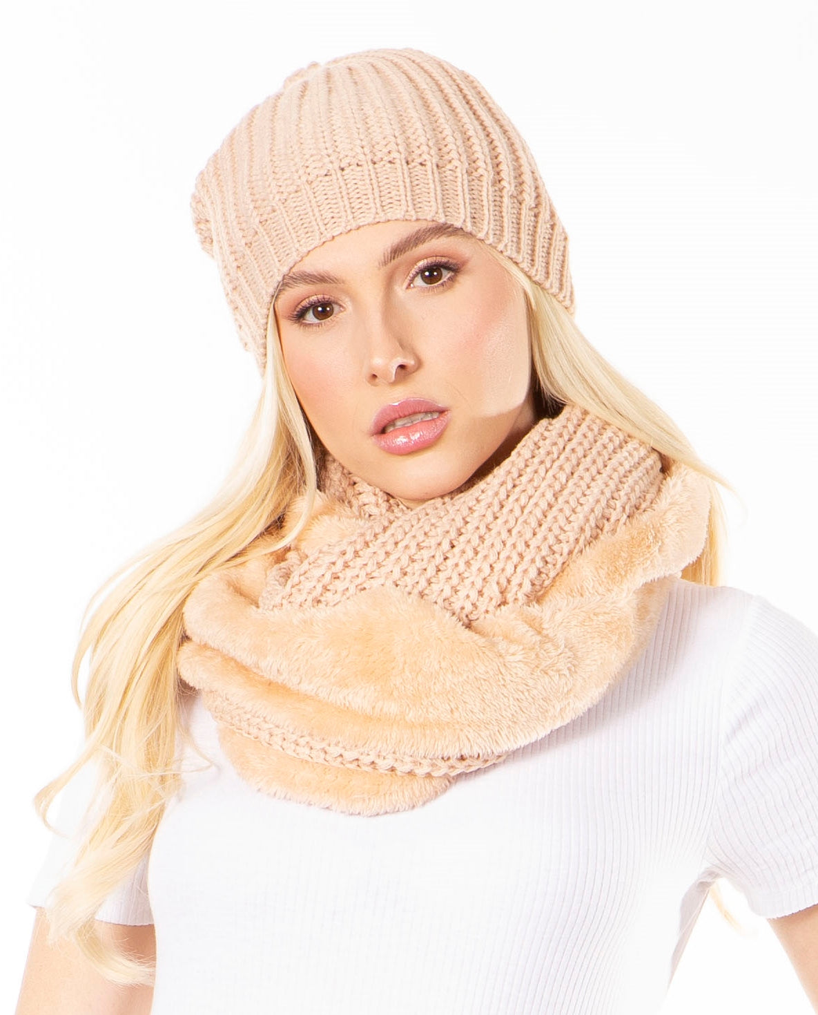 Sakkas Balencia Faux Fur Lined Knit Infinity Scarf & Beanie Hat Set
