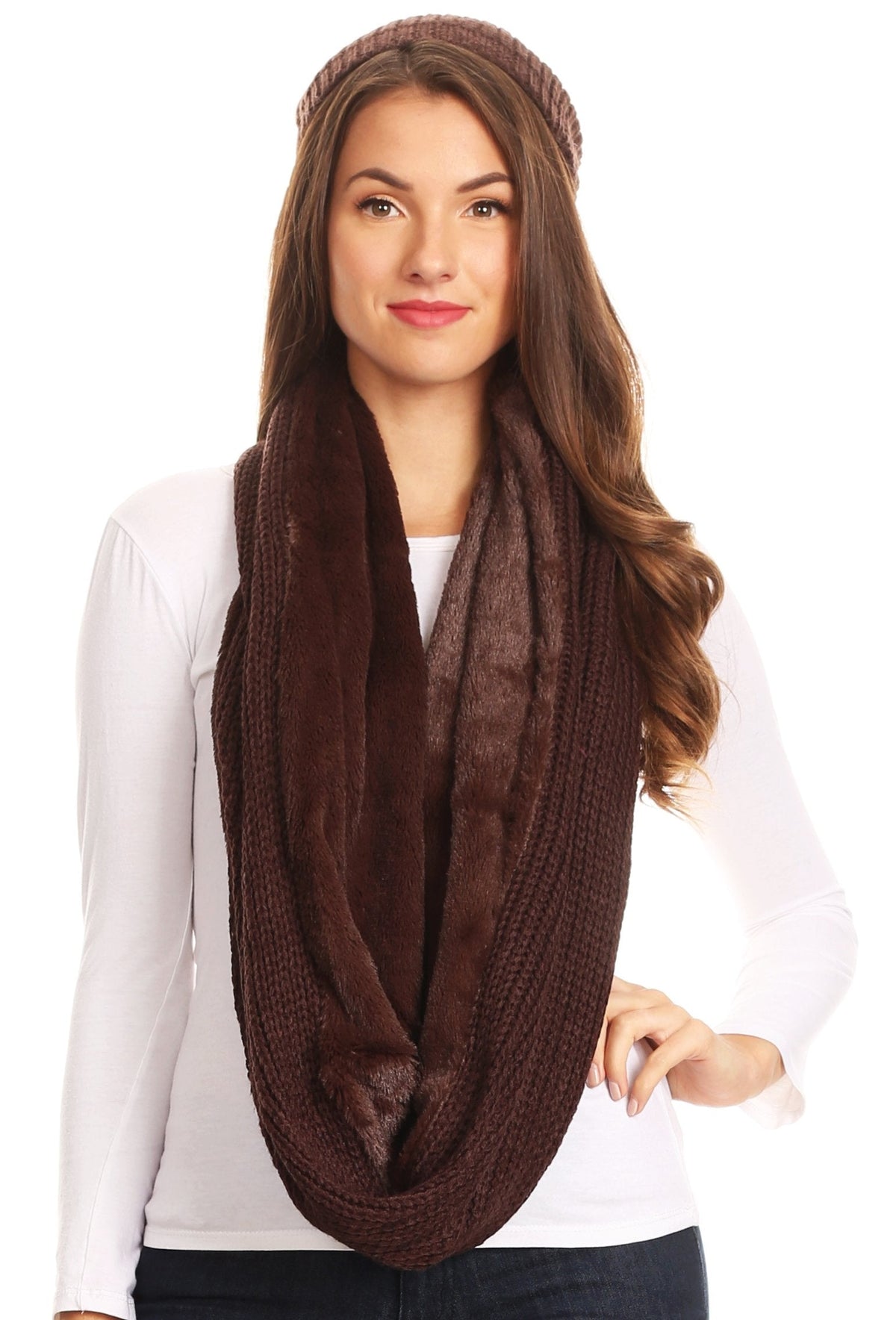 Sakkas Balencia Faux Fur Lined Knit Infinity Scarf & Beanie Hat Set