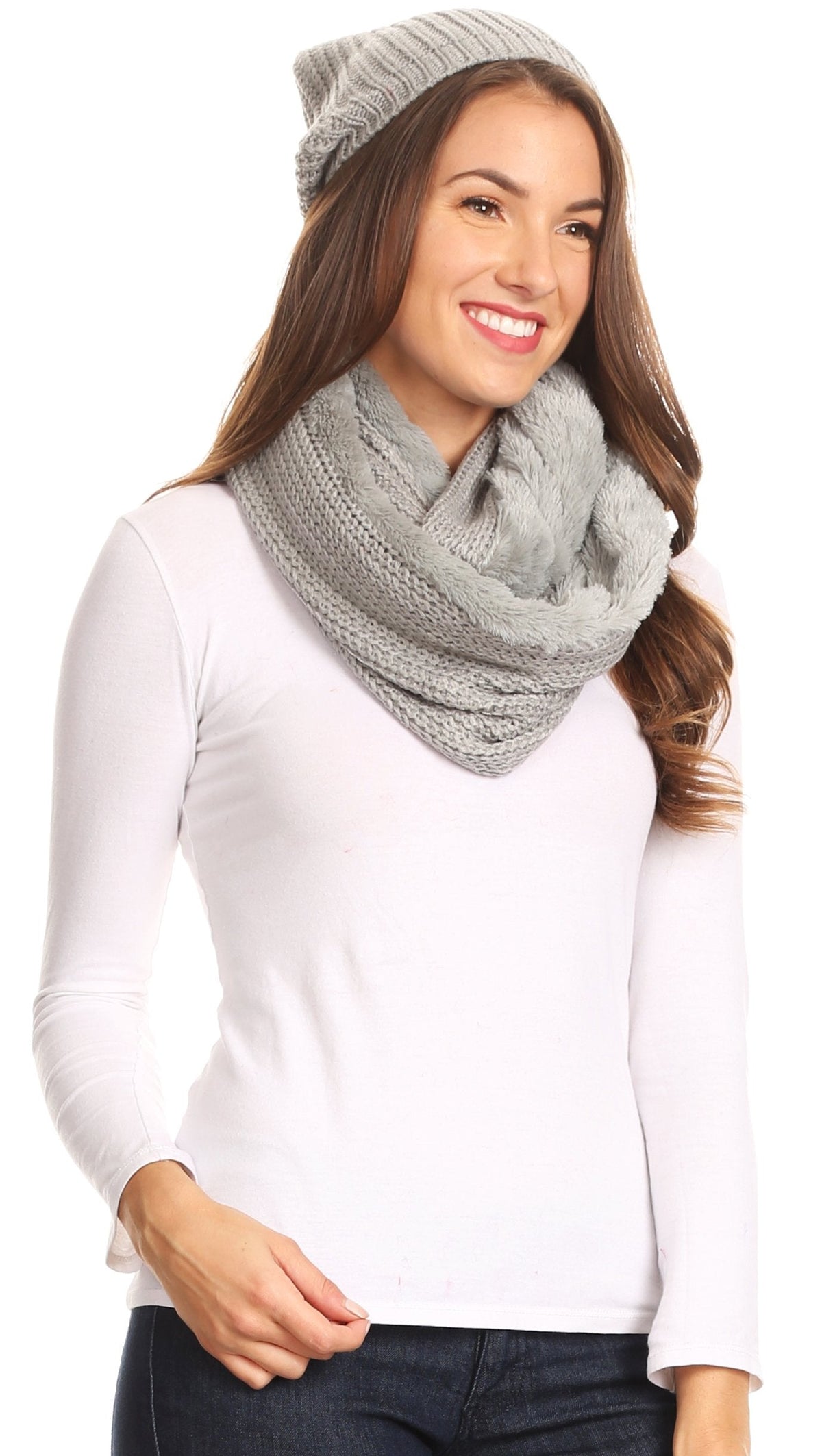 Sakkas Balencia Faux Fur Lined Knit Infinity Scarf & Beanie Hat Set