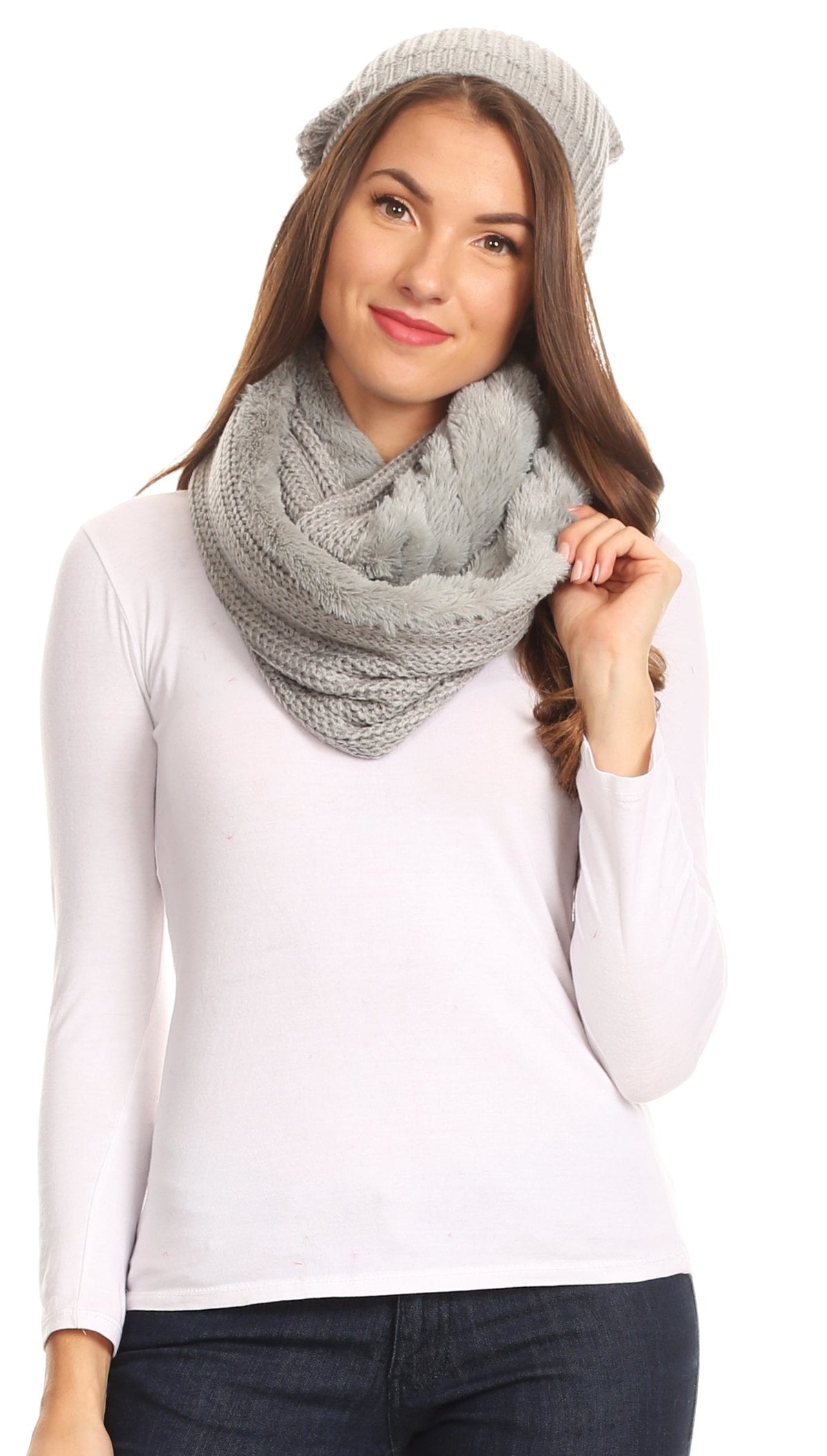 Sakkas Balencia Faux Fur Lined Knit Infinity Scarf & Beanie Hat Set