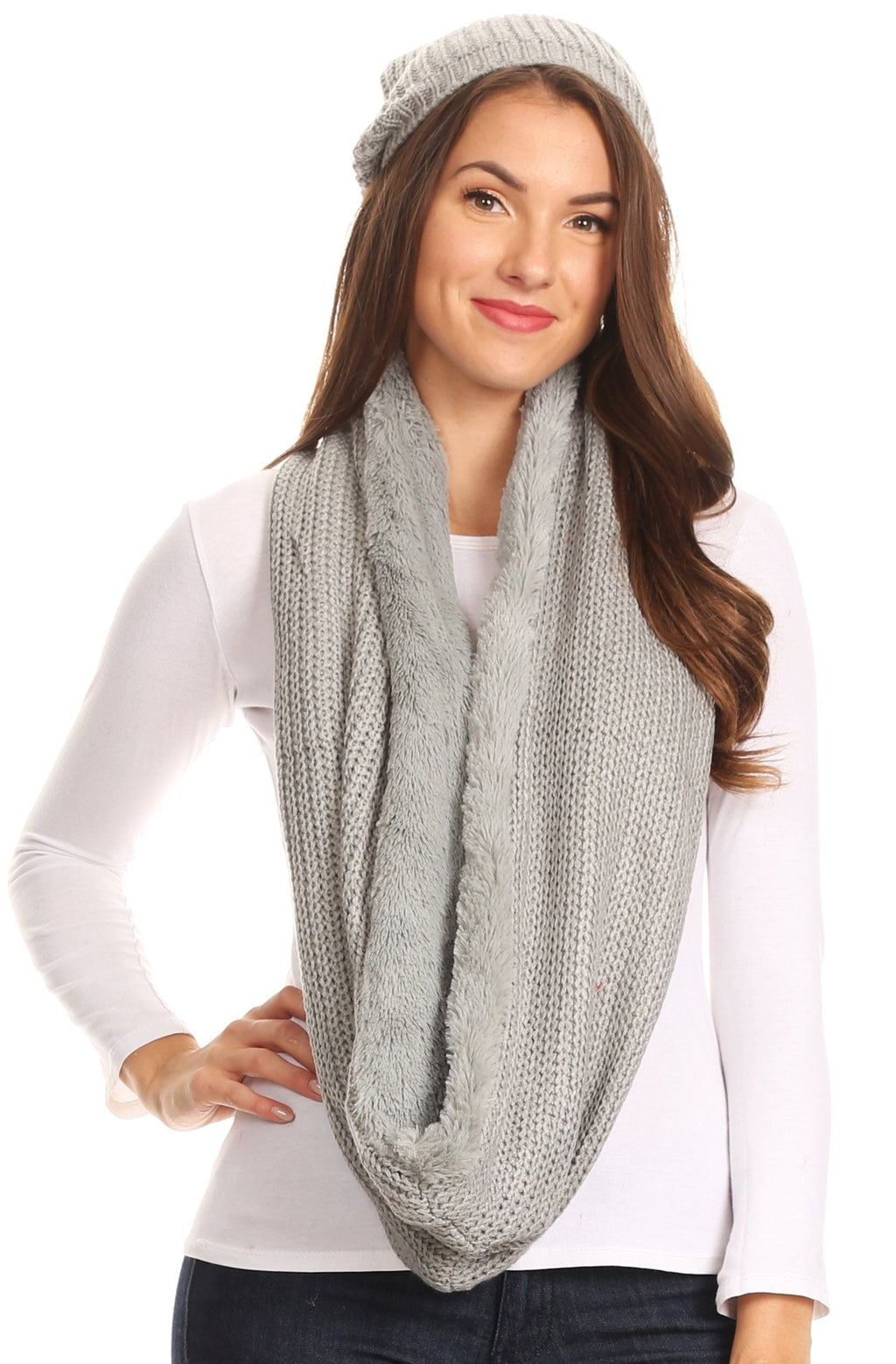Sakkas Balencia Faux Fur Lined Knit Infinity Scarf & Beanie Hat Set