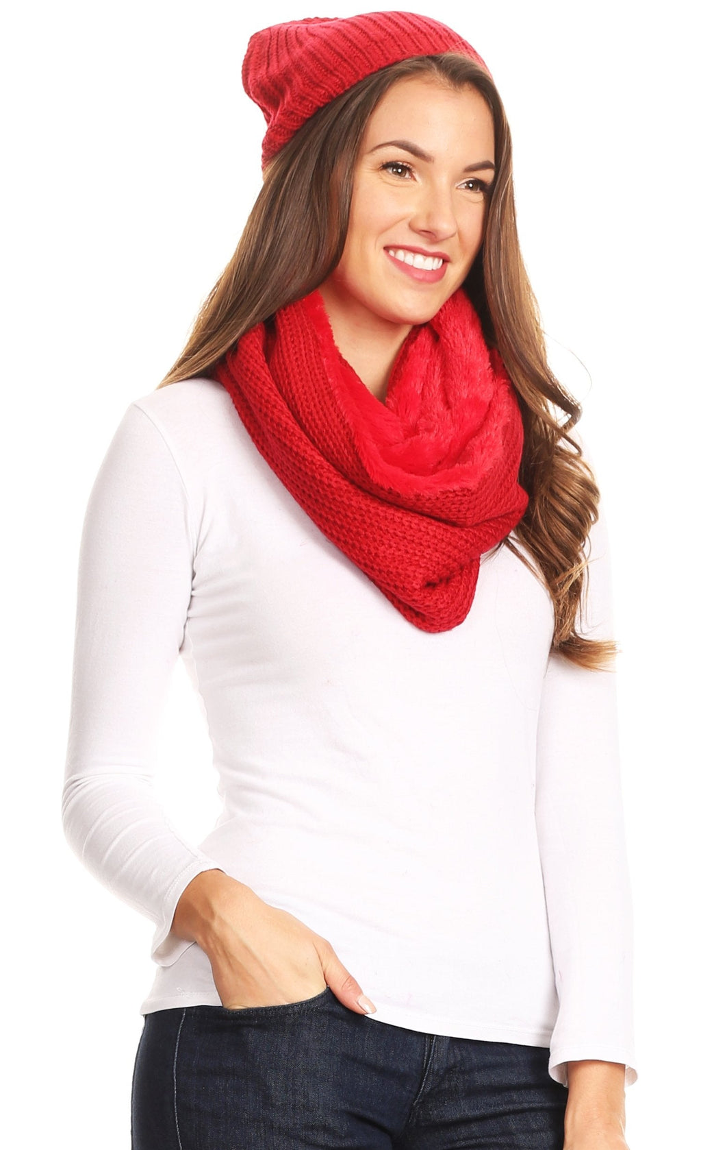 Sakkas Balencia Faux Fur Lined Knit Infinity Scarf & Beanie Hat Set