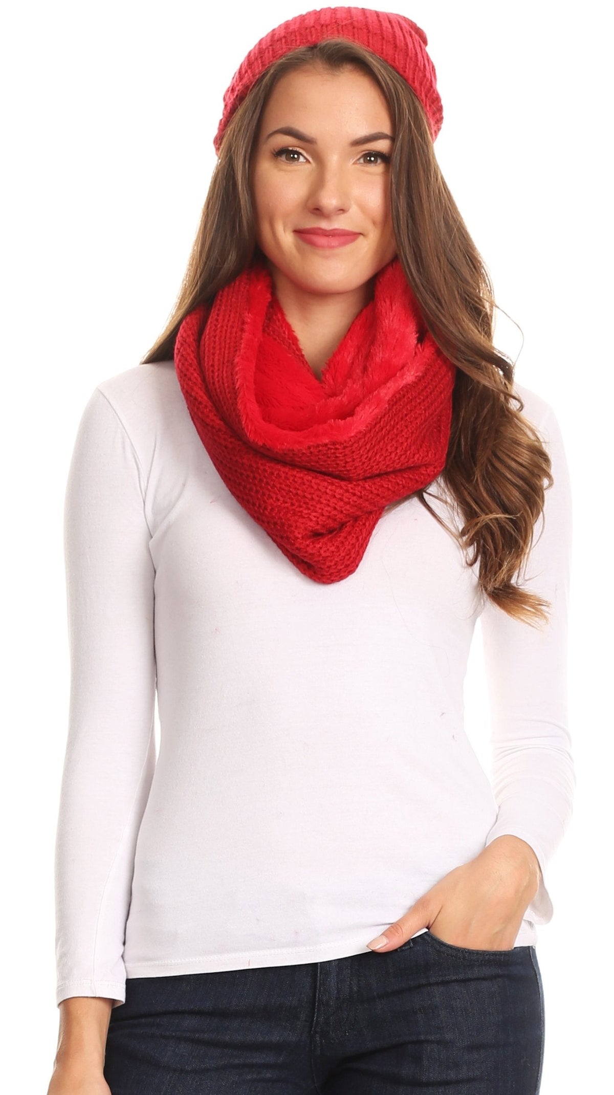 Sakkas Balencia Faux Fur Lined Knit Infinity Scarf & Beanie Hat Set
