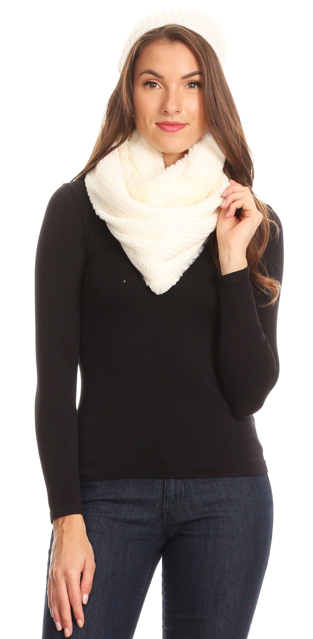 Sakkas Balencia Faux Fur Lined Knit Infinity Scarf & Beanie Hat Set