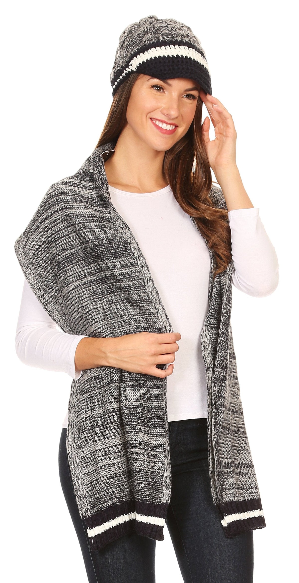 Sakkas Theo Unisex Heather Stripe Knit Hat & Scarf Set, Warm Winter