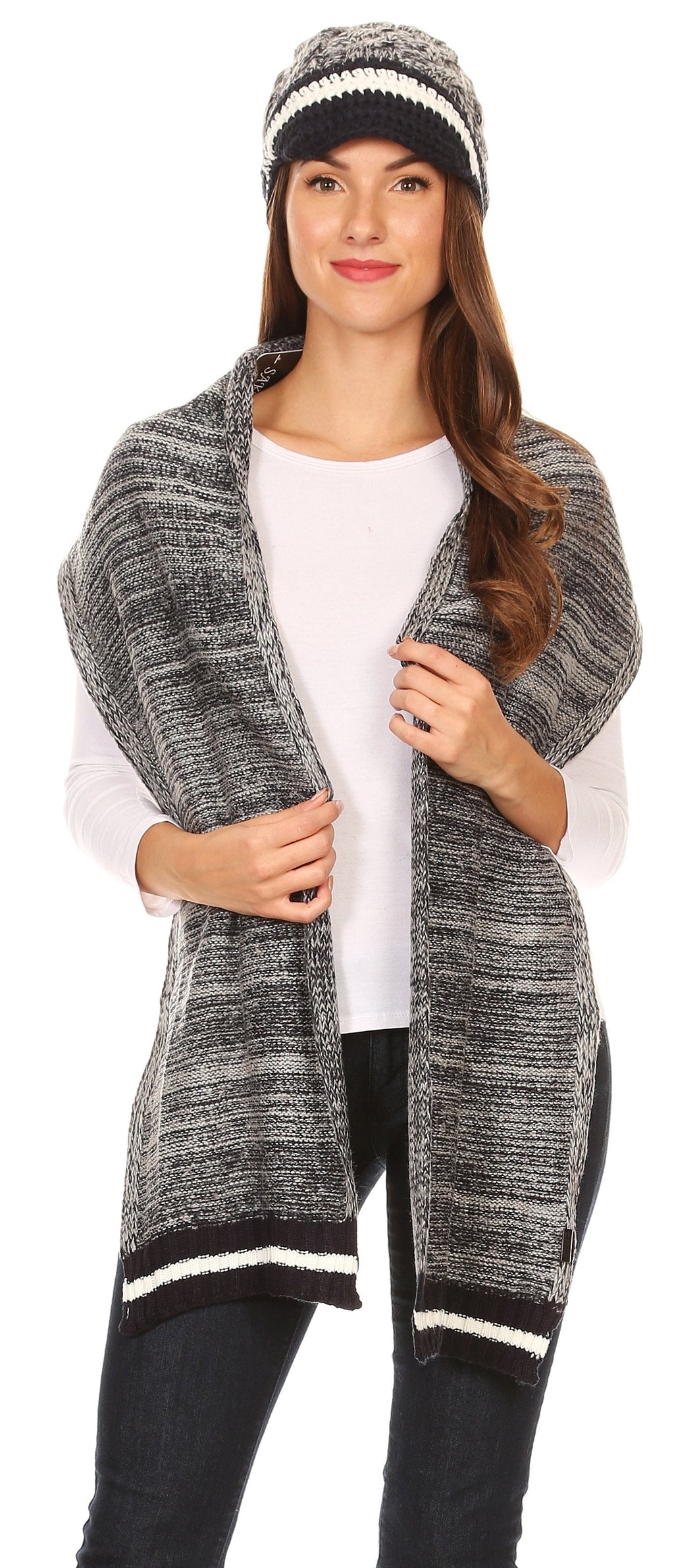 Sakkas Theo Unisex Heather Stripe Knit Hat & Scarf Set, Warm Winter