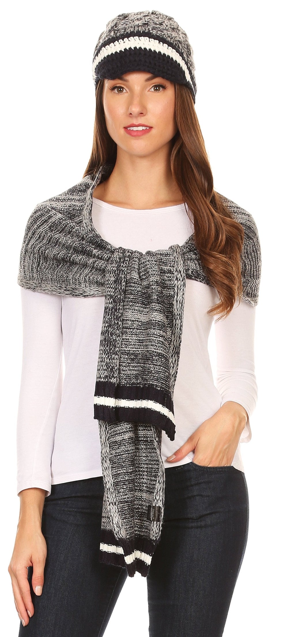 Sakkas Theo Unisex Heather Stripe Knit Hat & Scarf Set, Warm Winter