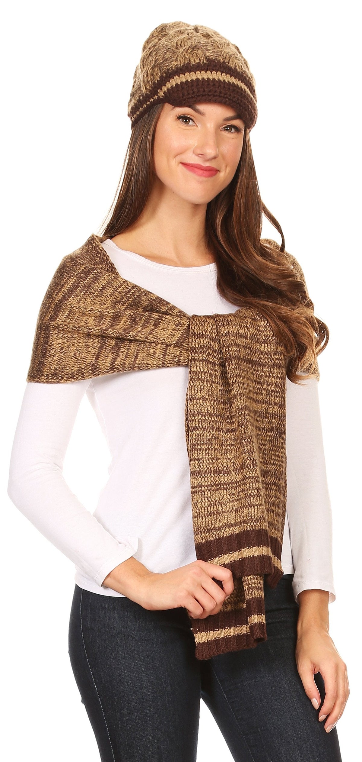 Sakkas Theo Unisex Heather Stripe Knit Hat & Scarf Set, Warm Winter