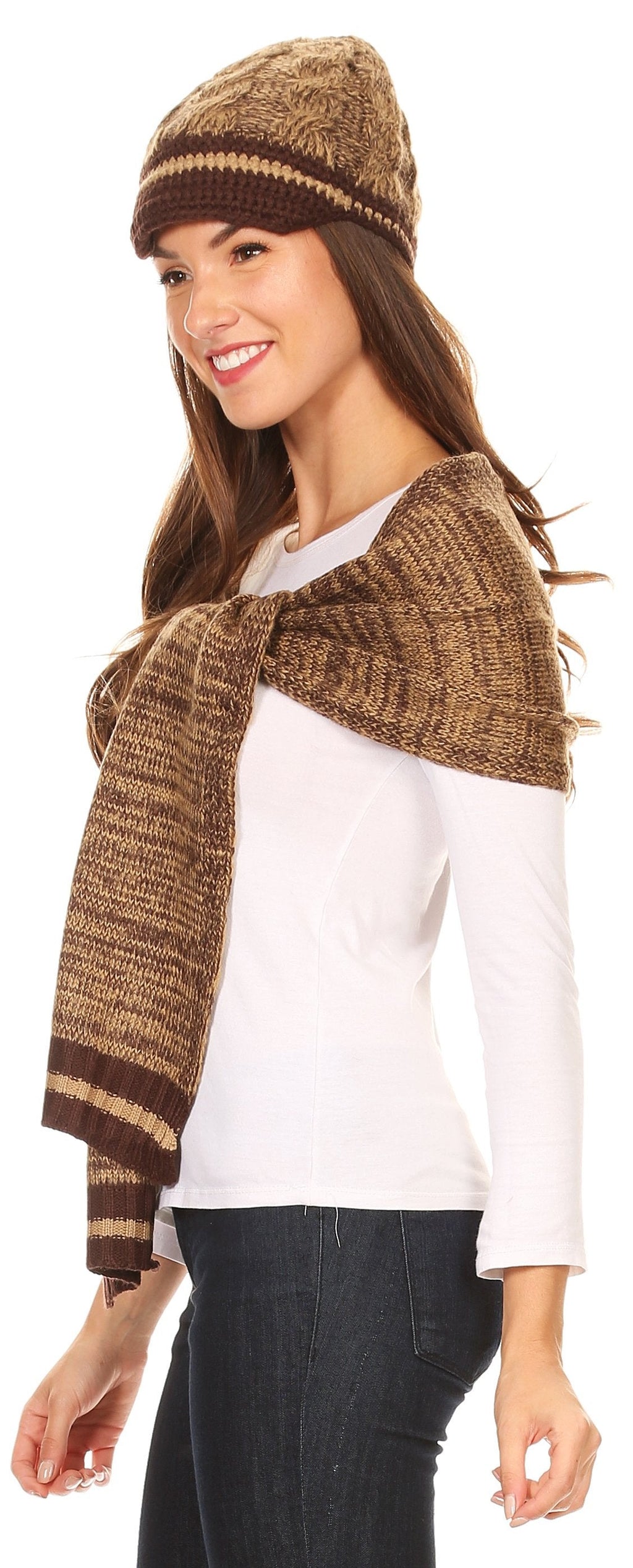 Sakkas Theo Unisex Heather Stripe Knit Hat & Scarf Set, Warm Winter