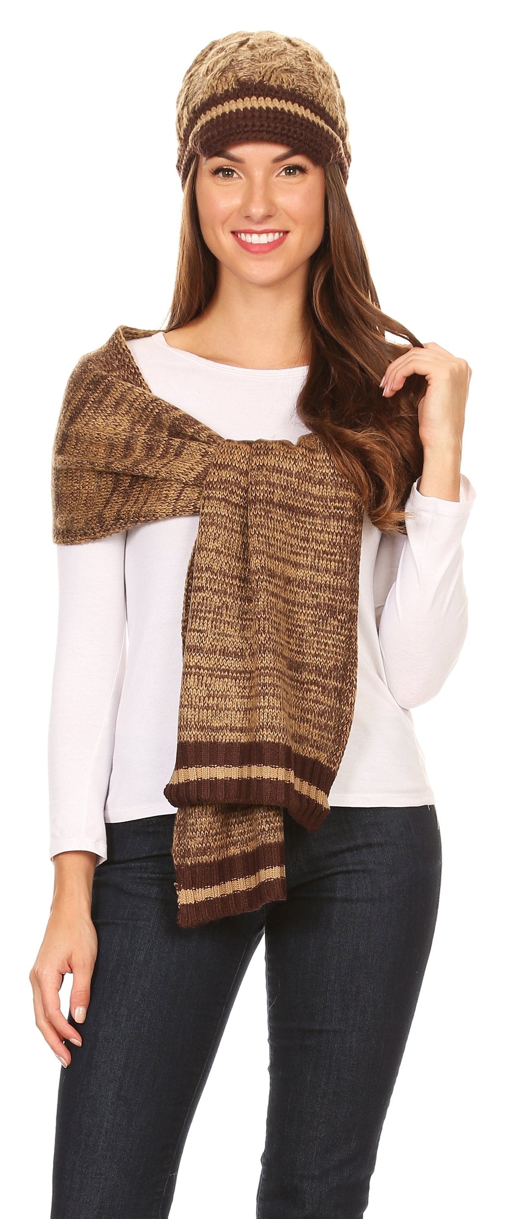 Sakkas Theo Unisex Heather Stripe Knit Hat & Scarf Set, Warm Winter