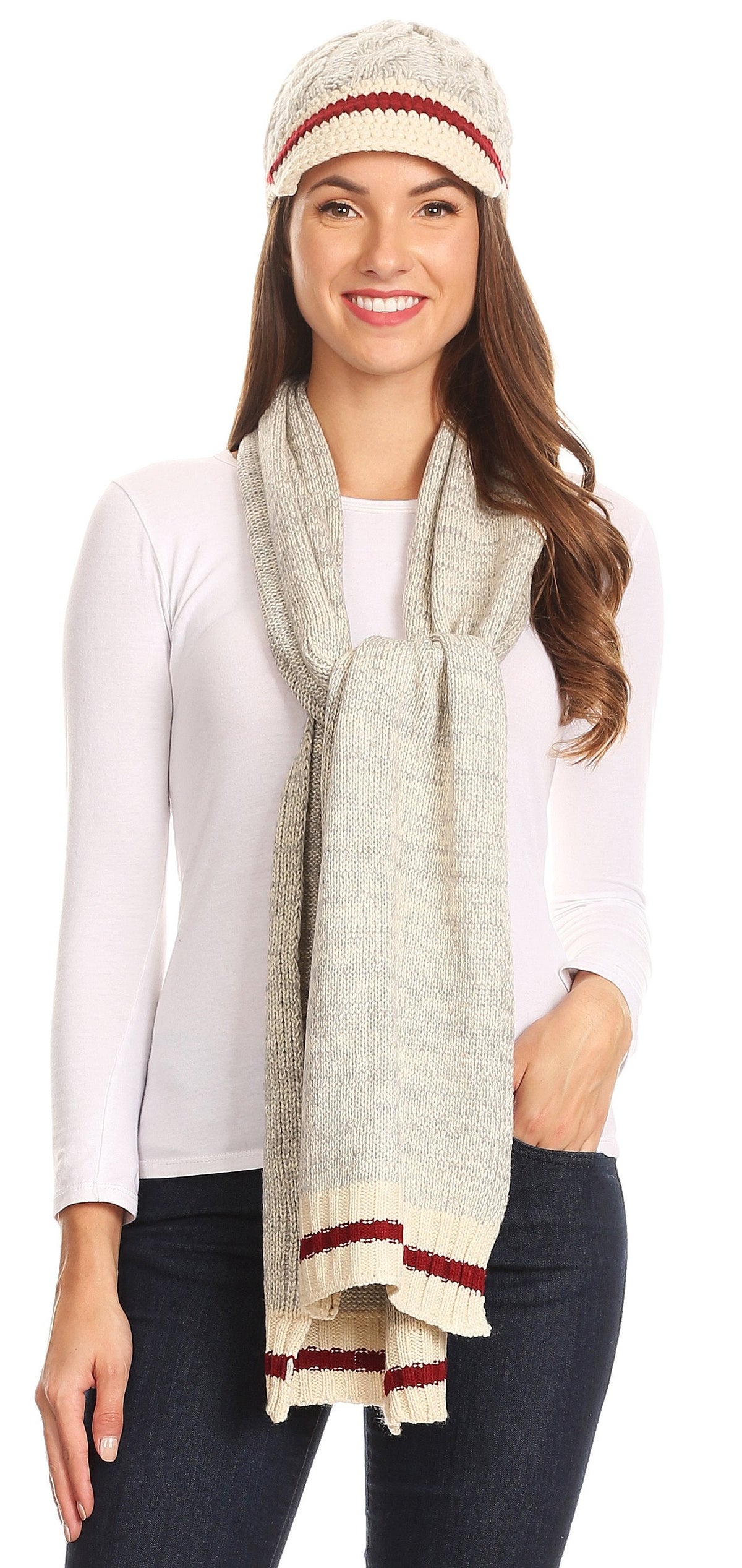 Sakkas Theo Unisex Heather Stripe Knit Hat & Scarf Set, Warm Winter