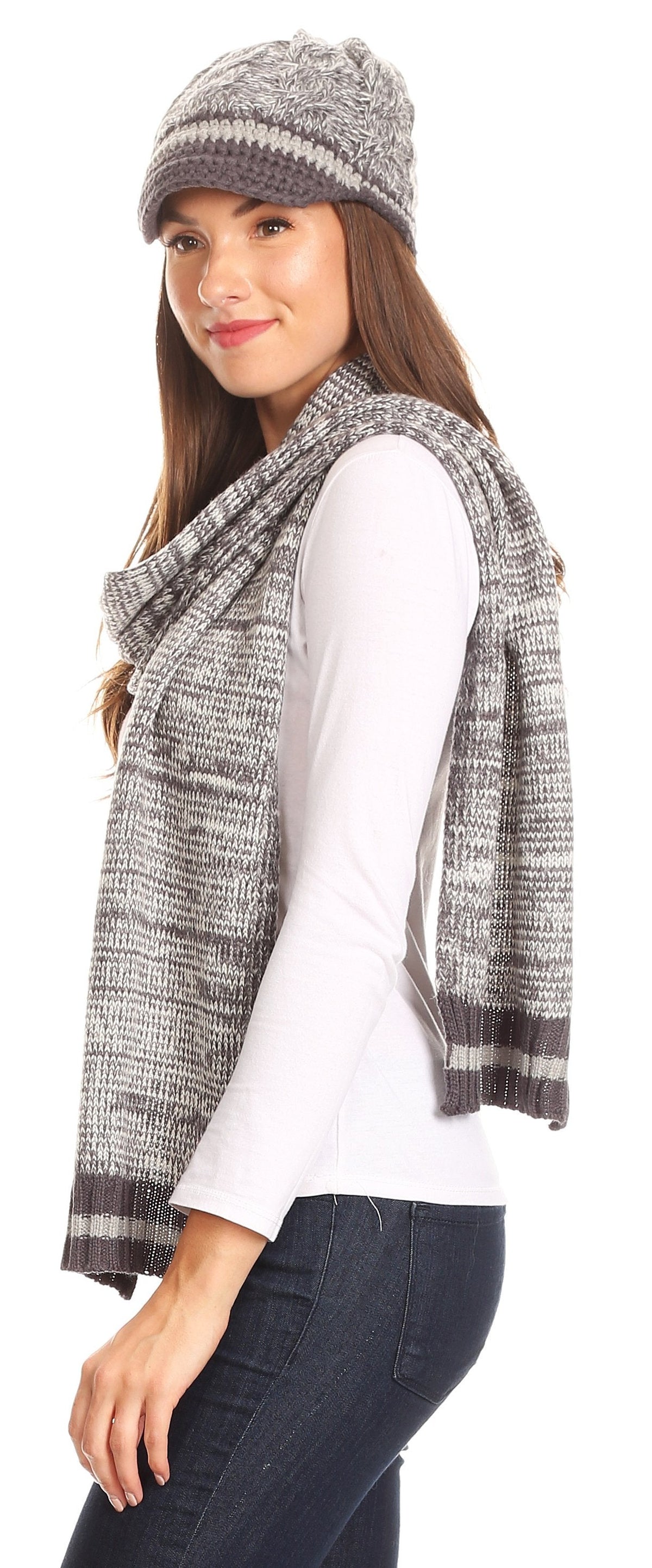 Sakkas Theo Unisex Heather Stripe Knit Hat & Scarf Set, Warm Winter