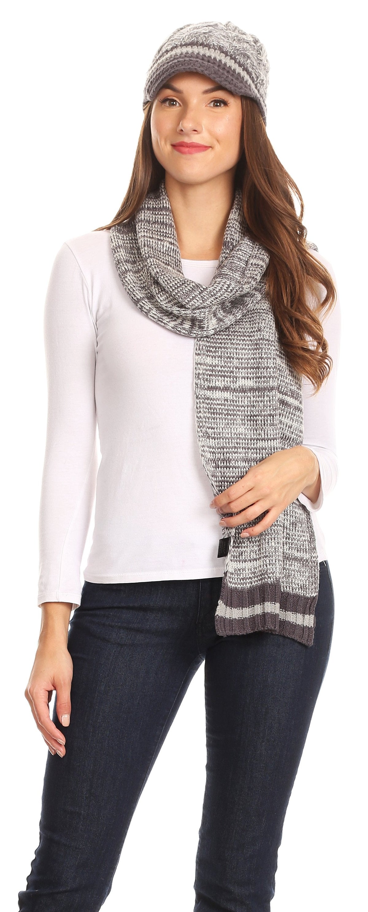 Sakkas Theo Unisex Heather Stripe Knit Hat & Scarf Set, Warm Winter