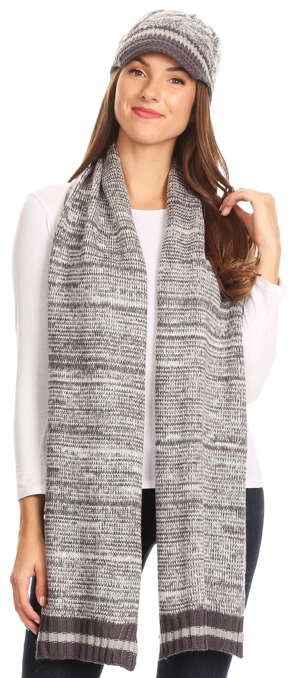 Sakkas Theo Unisex Heather Stripe Knit Hat & Scarf Set, Warm Winter