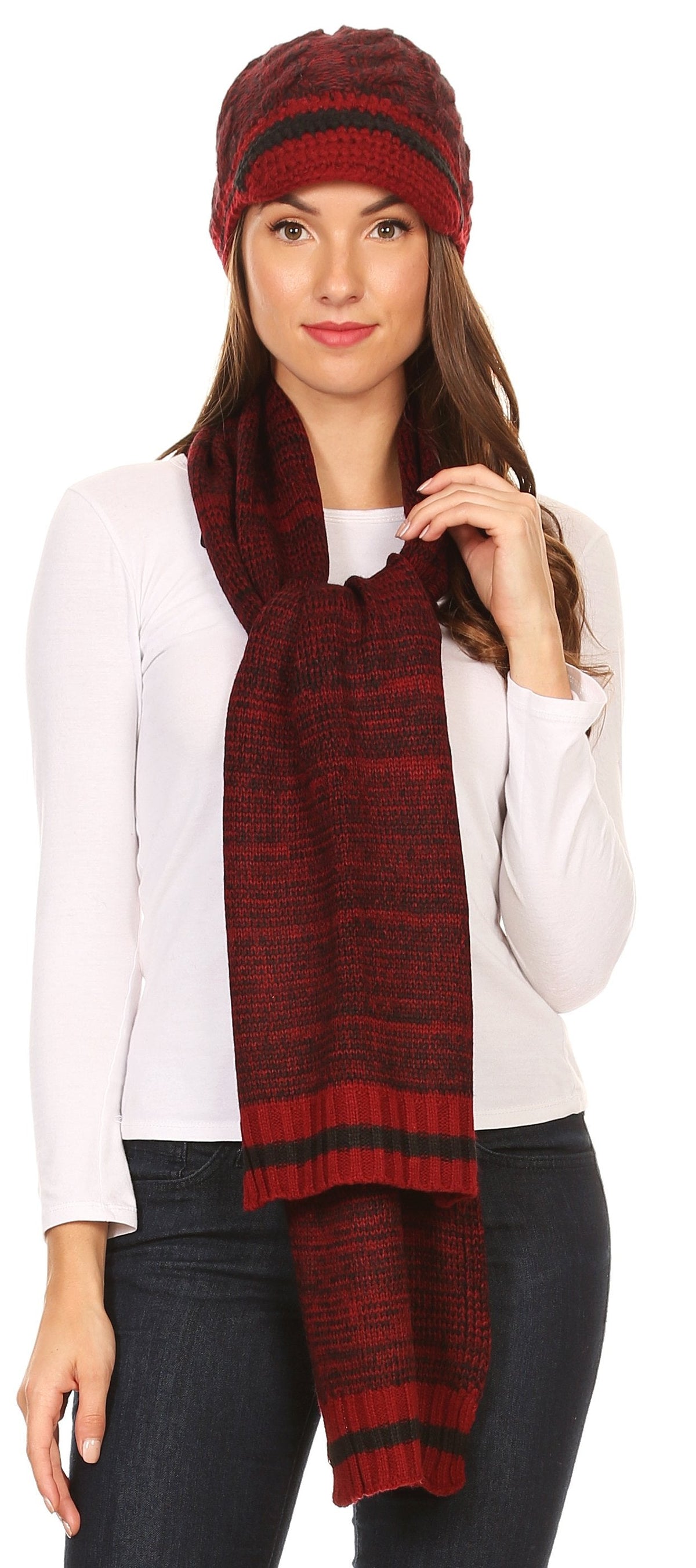 Sakkas Theo Unisex Heather Stripe Knit Hat & Scarf Set, Warm Winter