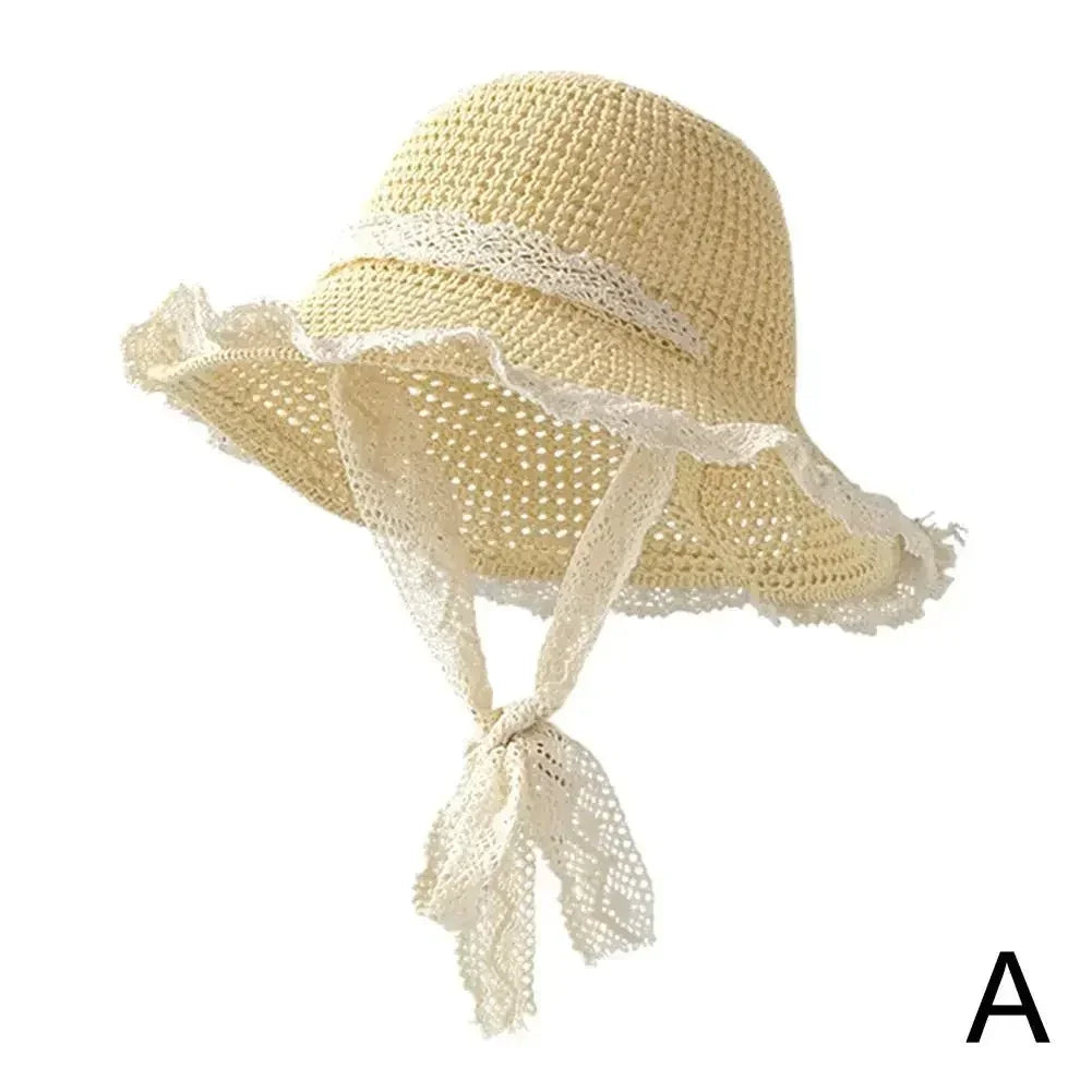 Summer Women's Lace Straw Beach Hat Foldable Sun Hat with Wide Brim Fresh Stylish Sunblock Shade Hat Perfect for Travel Holiday