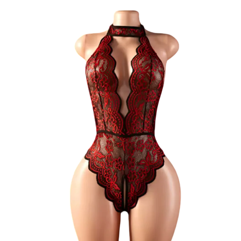 Women Red Crotchless Lingerie Halter