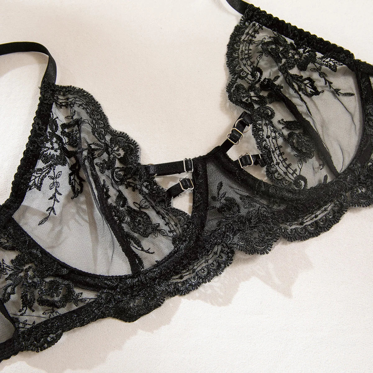 Ultrathin Mesh Patchwork See Through Bras And Thongs 3pc. Set