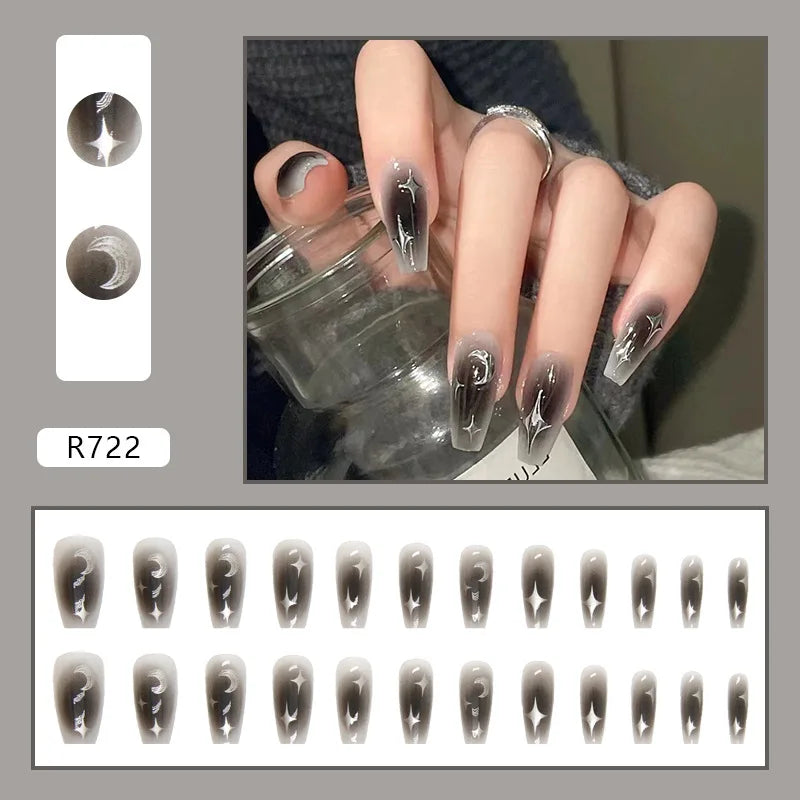 Black Cool Fake Nails Bat Press on Nails Almond Decorated Nail Tips Rivet Bow False Nails 24pcs Reusable Acrylic Nails